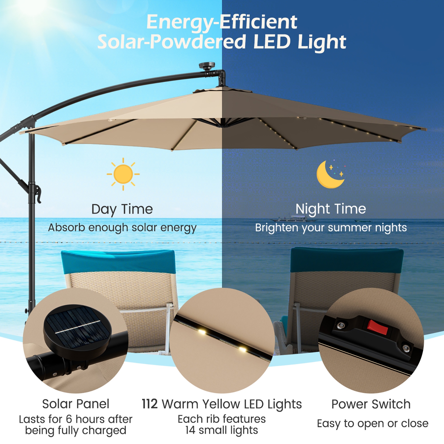 Manivelle de parasol de patio de 10 pi à éclairage solaire décalé en porte-à-faux de 112 LED de Costway pour l'extérieur
