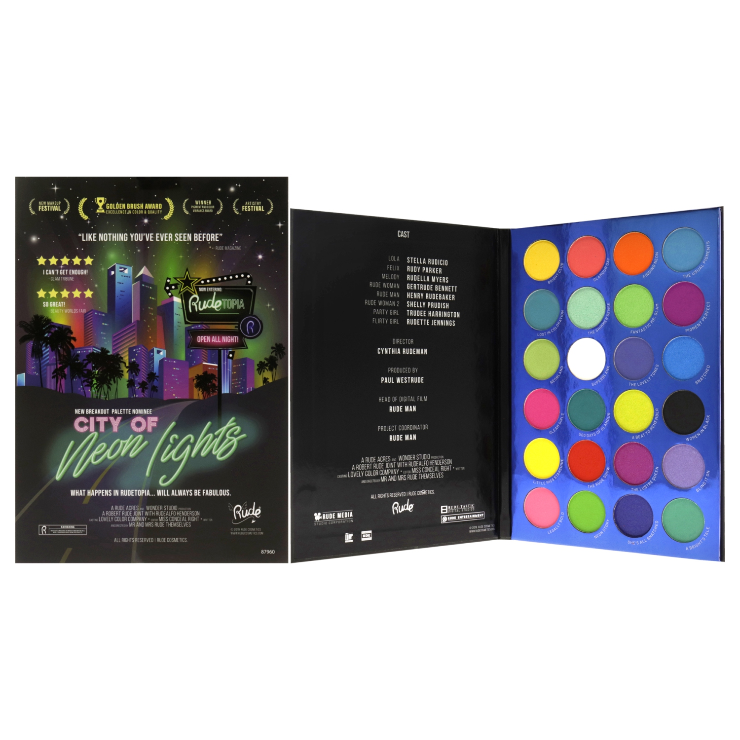 City of Neon Lights - 24 Vibrant Pigment and Eyeshadow Palette by Rude Cosmetics for Women - 0.63 oz Eye Shadow