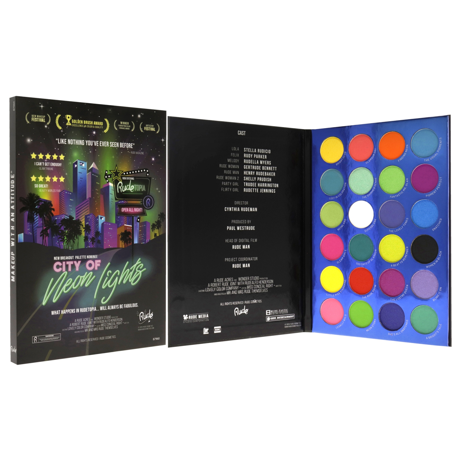 City of Neon Lights - 24 Vibrant Pigment and Eyeshadow Palette by Rude Cosmetics for Women - 0.63 oz Eye Shadow