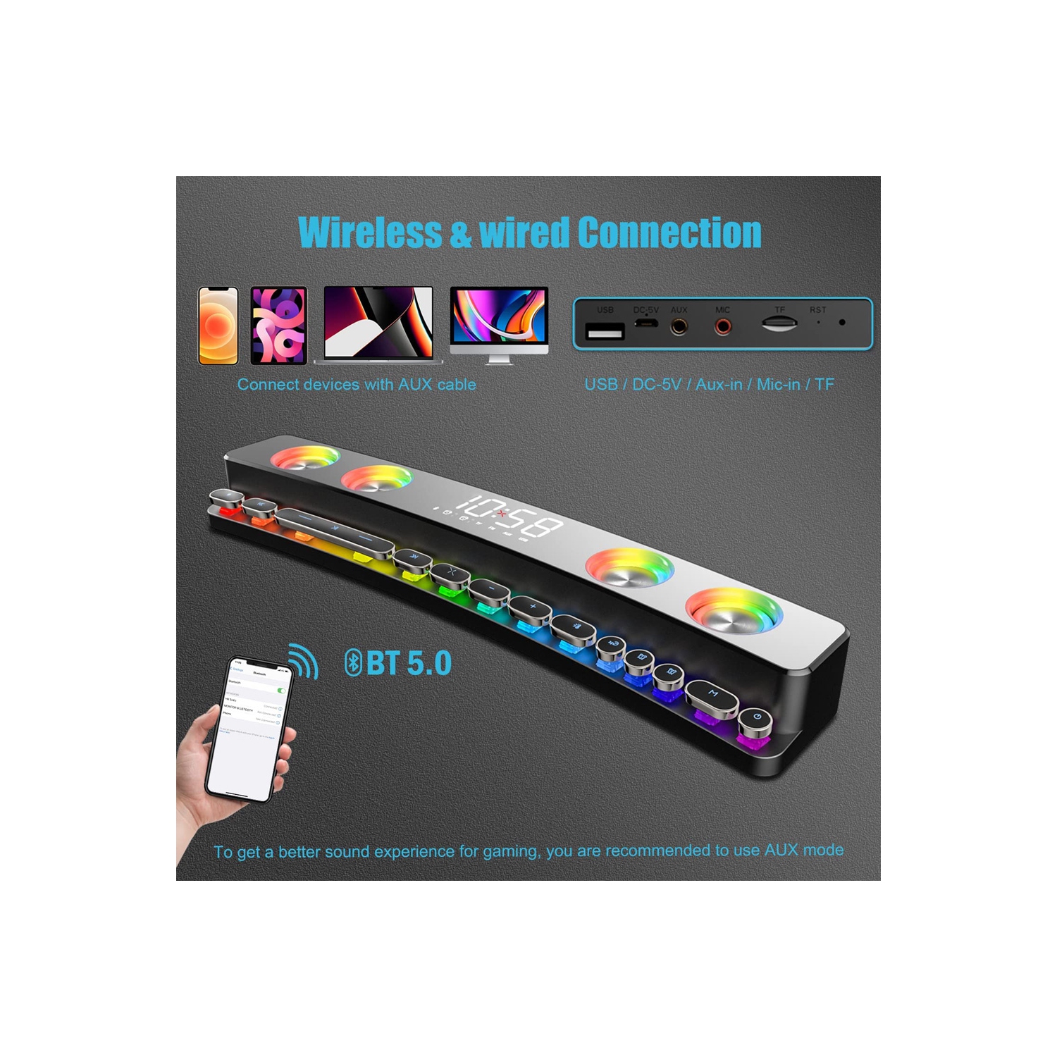 axGear Haut-parleurs d'ordinateur Bureau FM RVB PC Haut-parleur de jeu Barre de son avec Bluetooth