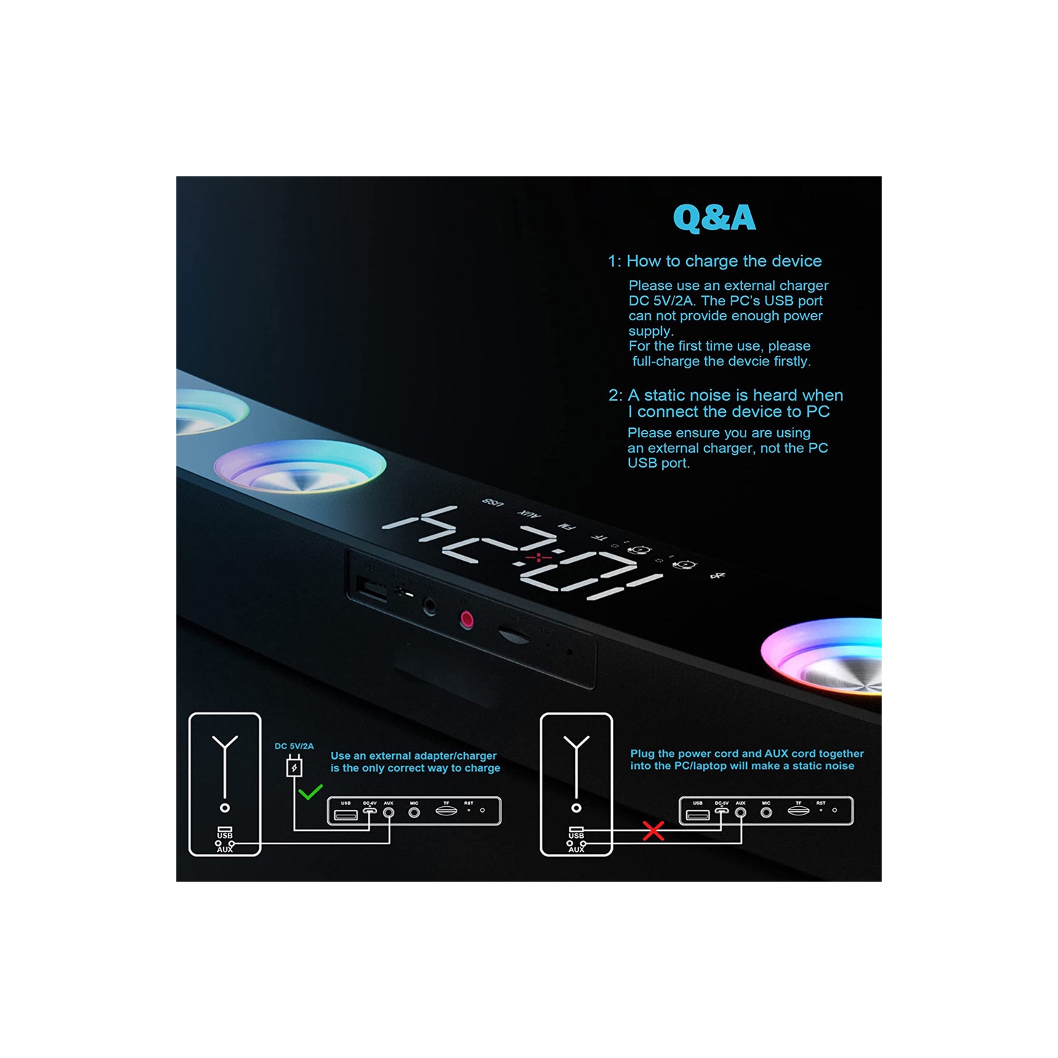 axGear Haut-parleurs d'ordinateur Bureau FM RVB PC Haut-parleur de jeu Barre de son avec Bluetooth