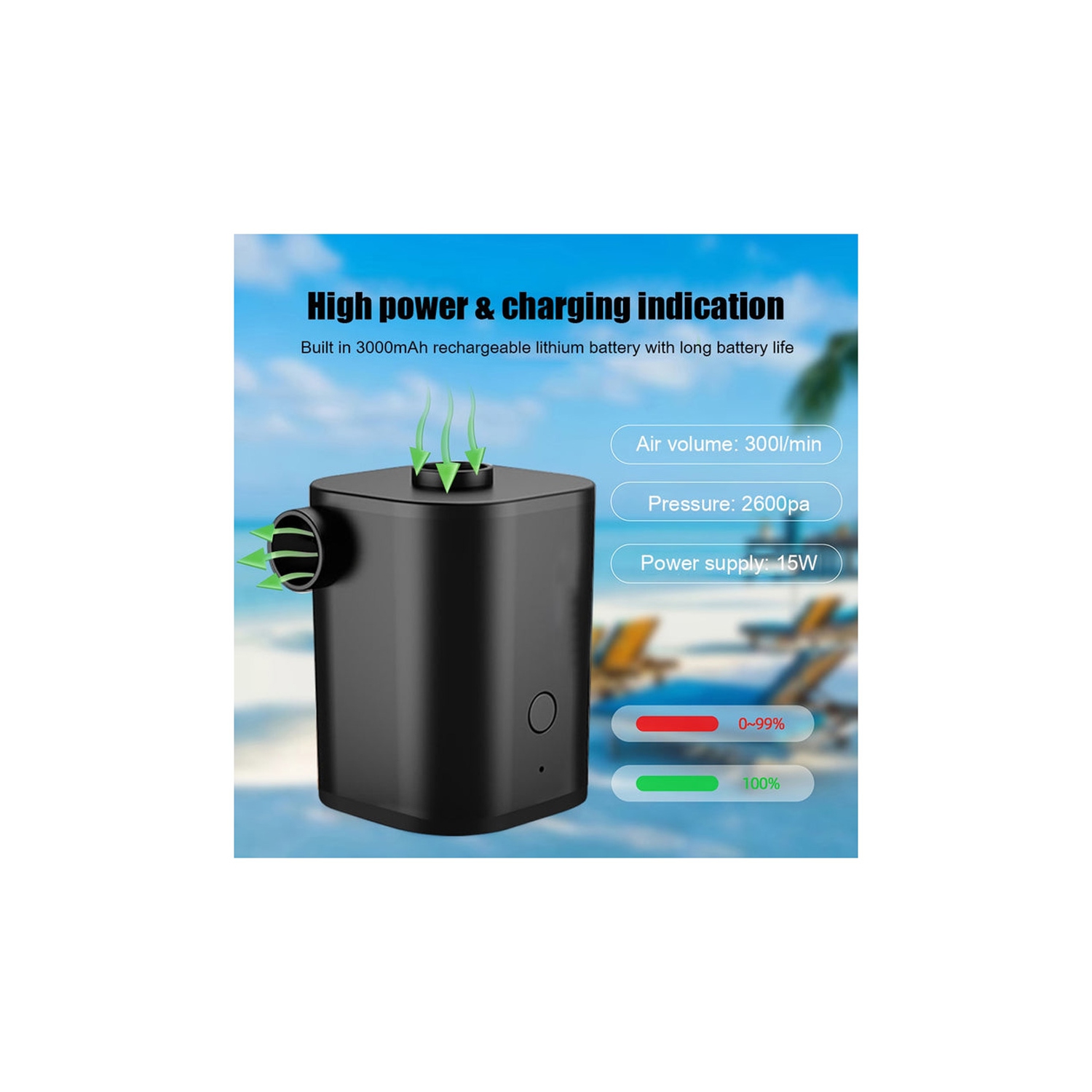 axGear Pompe à air portable sans fil pour pompe à matelas pneumatique rechargeable gonflable avec 5 buses noir