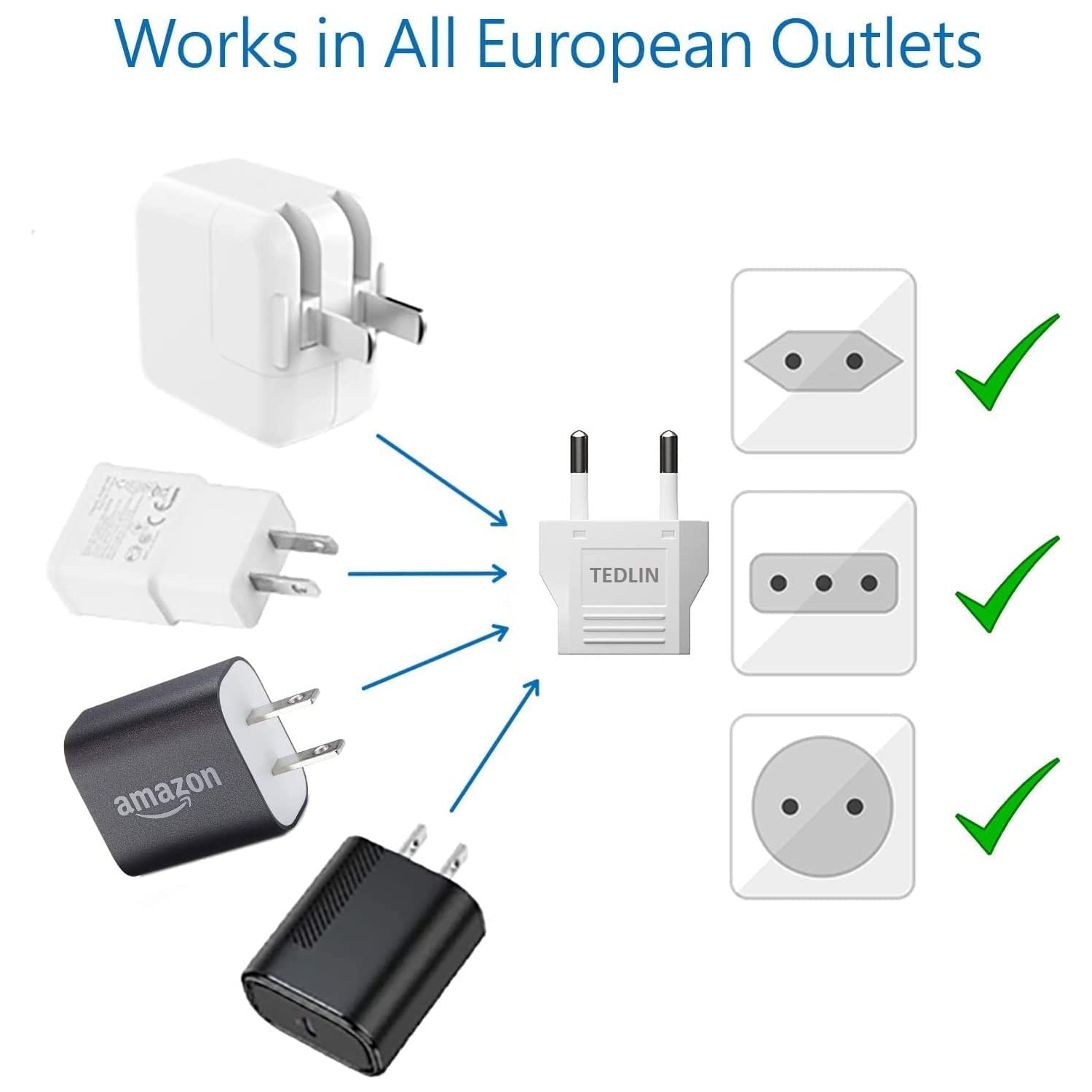 6 Pack of TEDLIN US/CA to European Plug Adapter Travel Power Plug Universal Power Jack Wall Plug Converter Input USA/Canada to Europe/Asia Socket -
