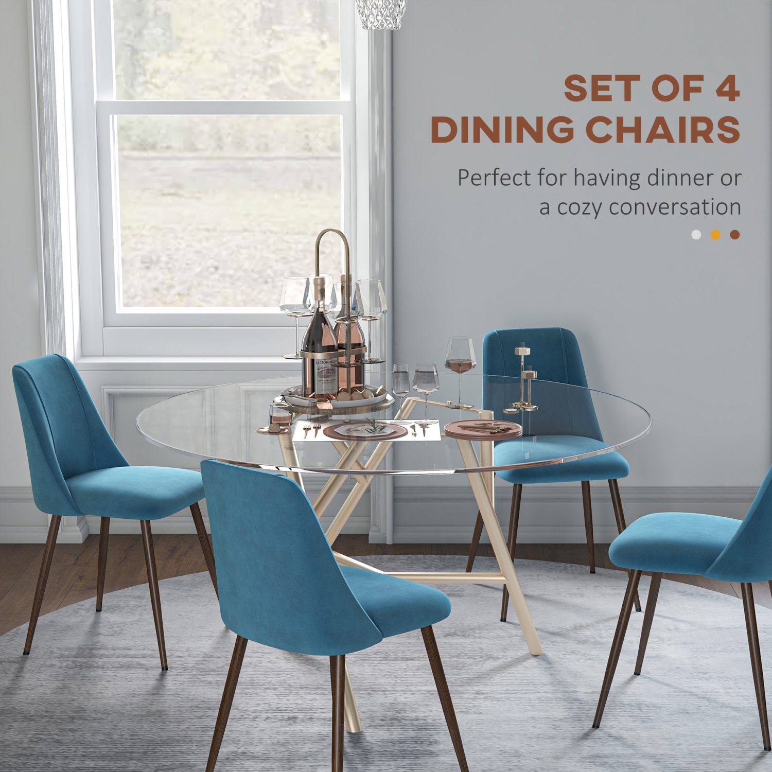 HOMCOM Dining Chairs Set of 4, Modern Kitchen Chairs with Velvet-touch Upholstery, Curved Back and Wood-grain Steel Legs, Accent Chairs for Living