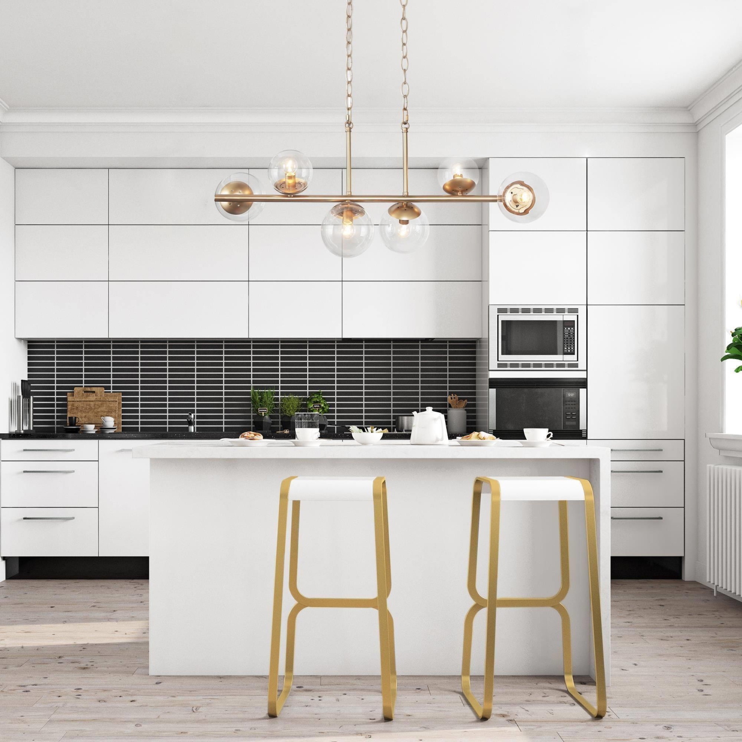 Lustre de salle à manger moderne doré, lustre linéaire Sputnik Island à 6 lumières, 32 po, avec abat-jour en verre globe