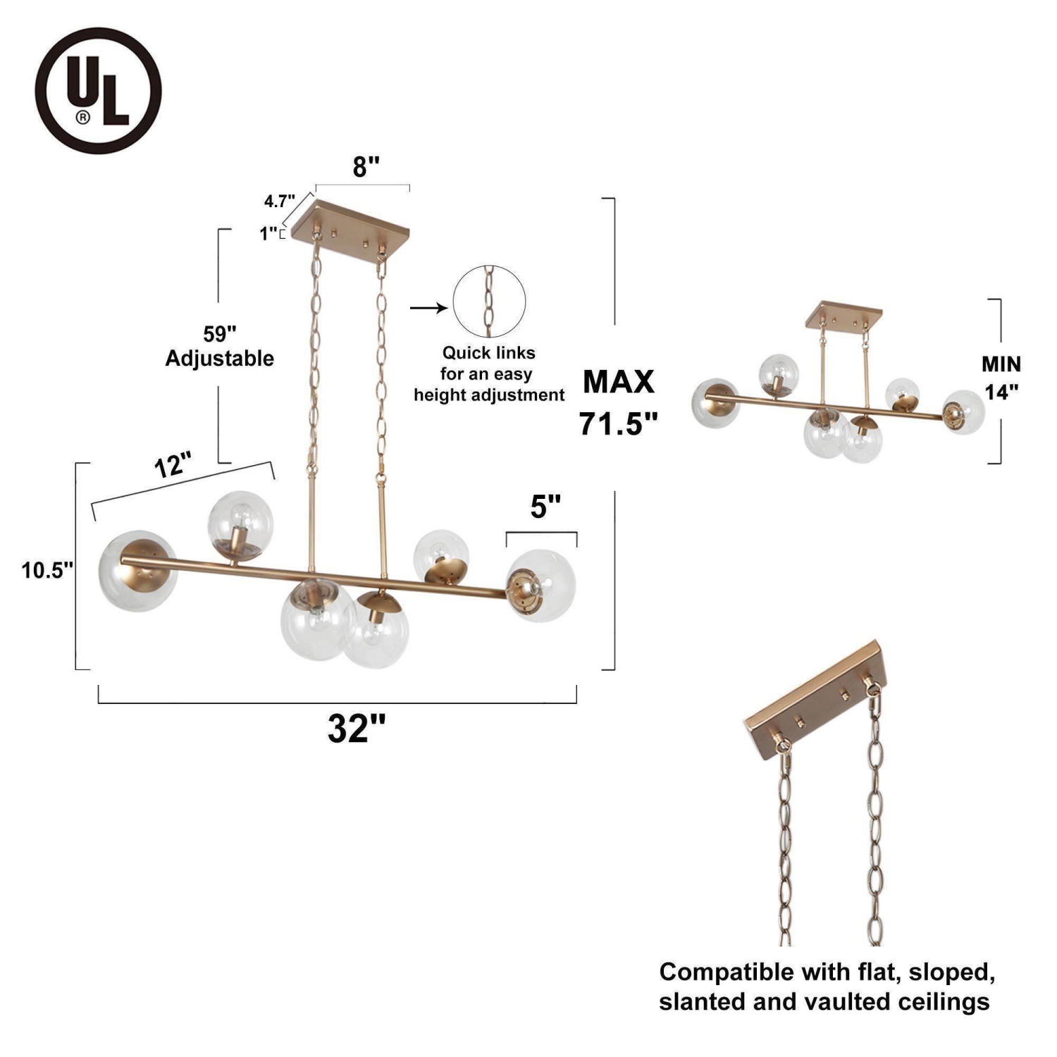 Lustre de salle à manger moderne doré, lustre linéaire Sputnik Island à 6 lumières, 32 po, avec abat-jour en verre globe