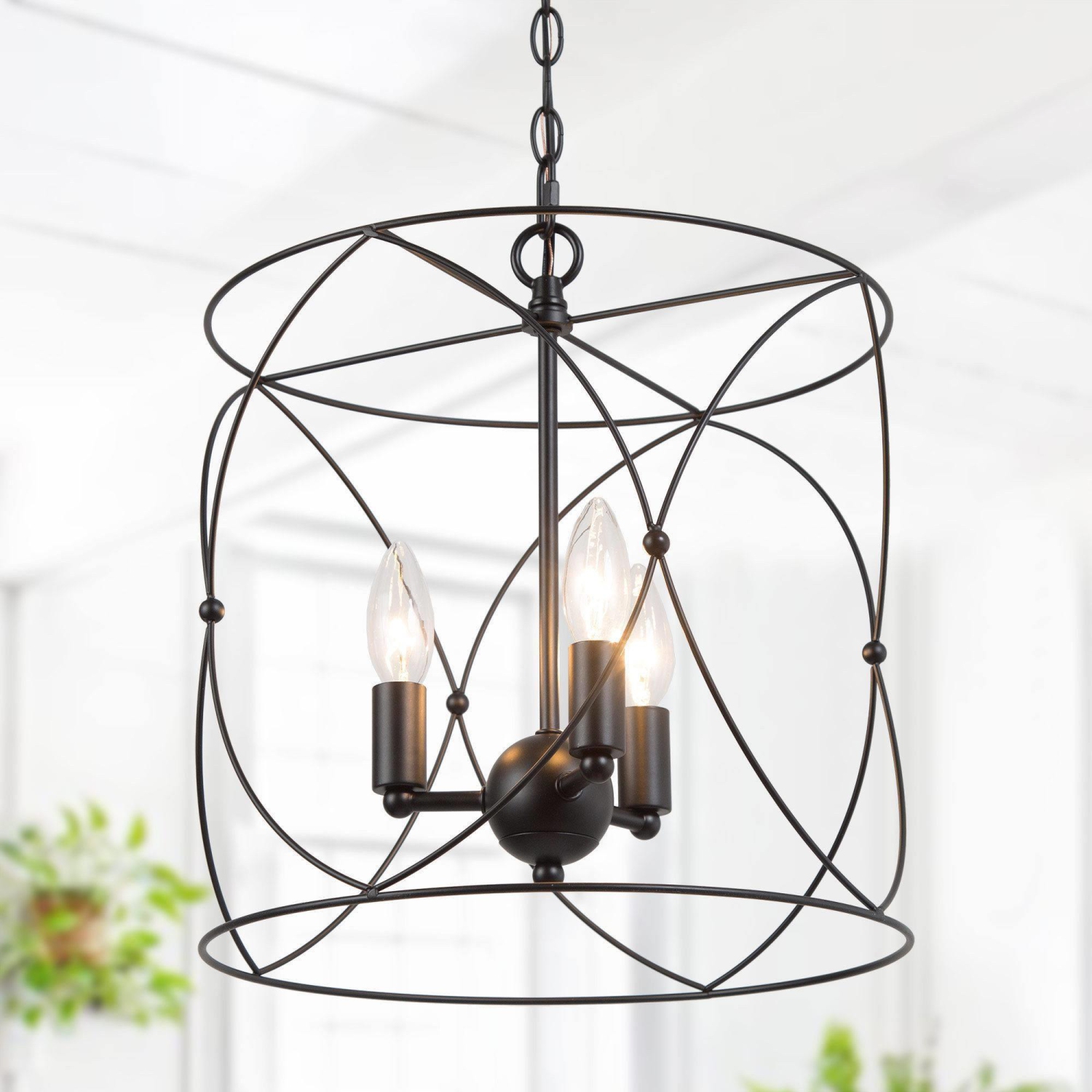 Black Drum Dining Room Chandelier, 3-Light Black Geometric Drum In Candle Style Modern/Contemporary LED Dry rated Chandelier
