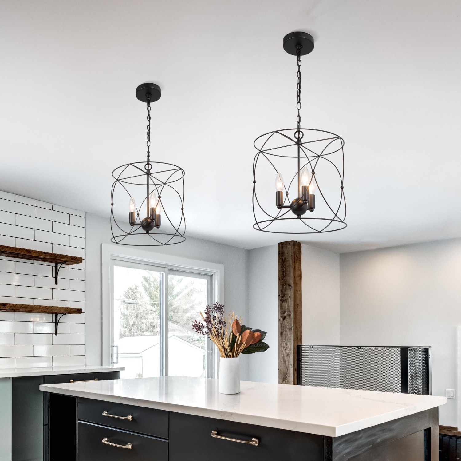 Black Drum Dining Room Chandelier, 3-Light Black Geometric Drum In Candle Style Modern/Contemporary LED Dry rated Chandelier