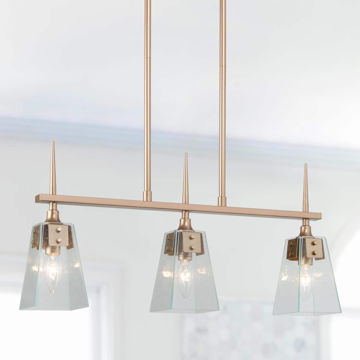 Modern Linear Chandelier 3-Light Gold Island Chandelier Hanging Light with Seedy Glass Plates