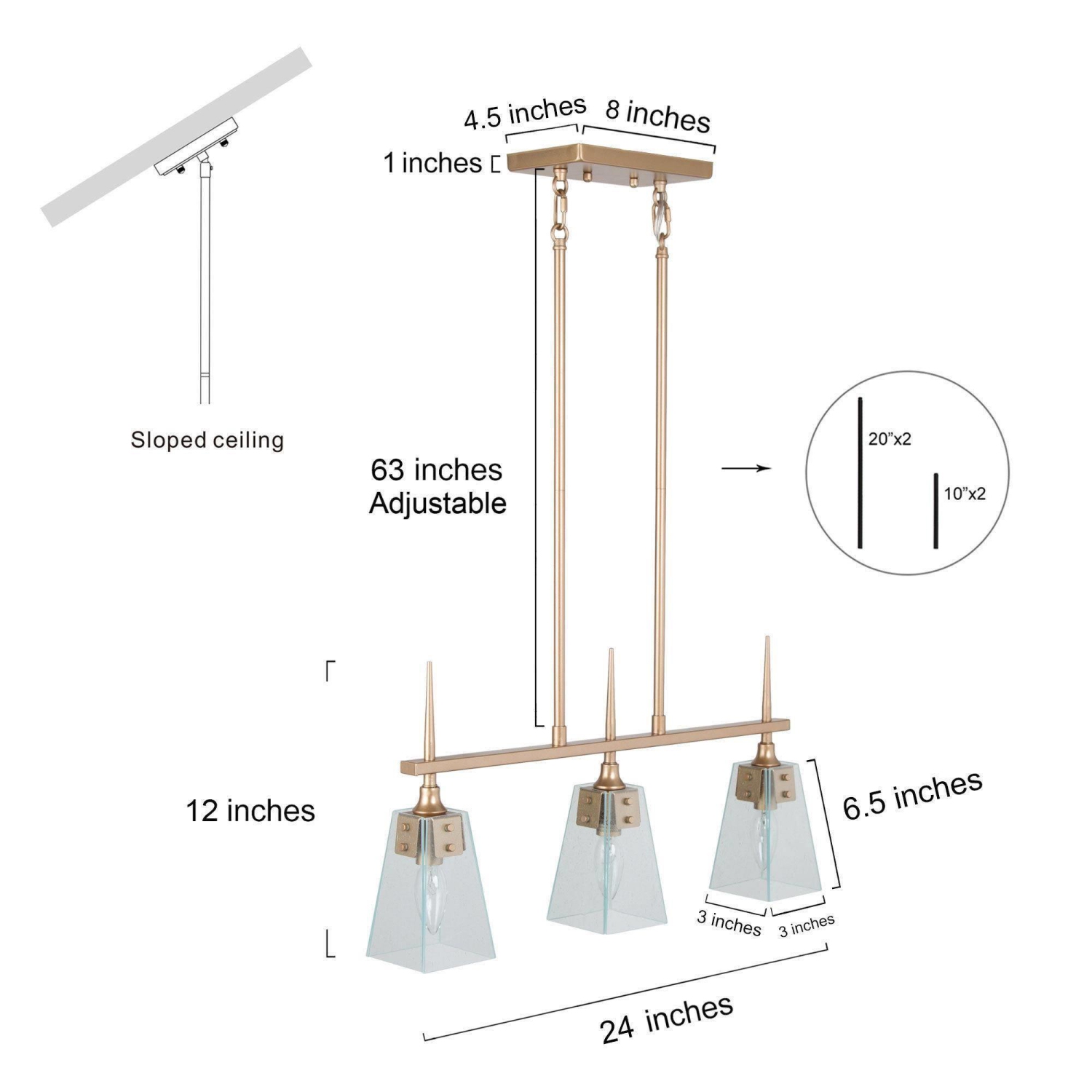 Modern Linear Chandelier 3-Light Gold Island Chandelier Hanging Light with Seedy Glass Plates