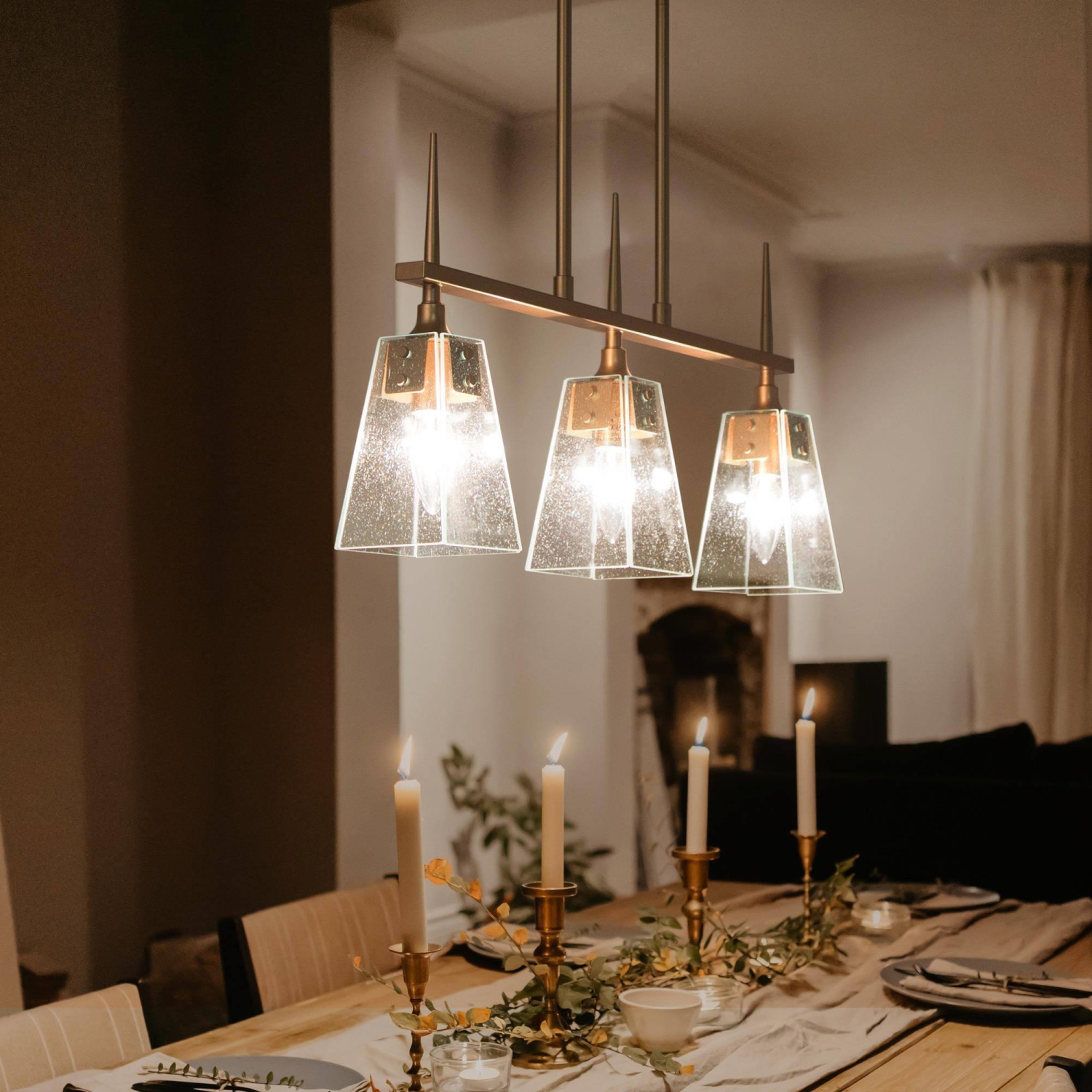 Modern Linear Chandelier 3-Light Gold Island Chandelier Hanging Light with Seedy Glass Plates