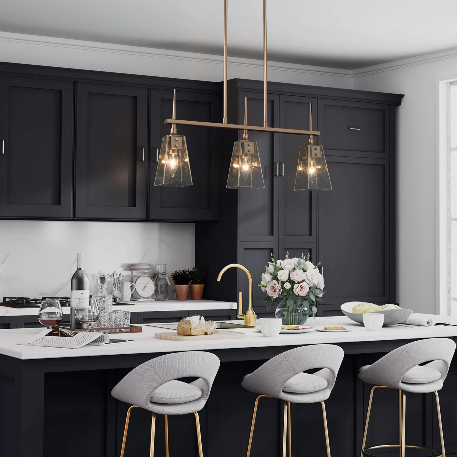 Modern Linear Chandelier 3-Light Gold Island Chandelier Hanging Light with Seedy Glass Plates