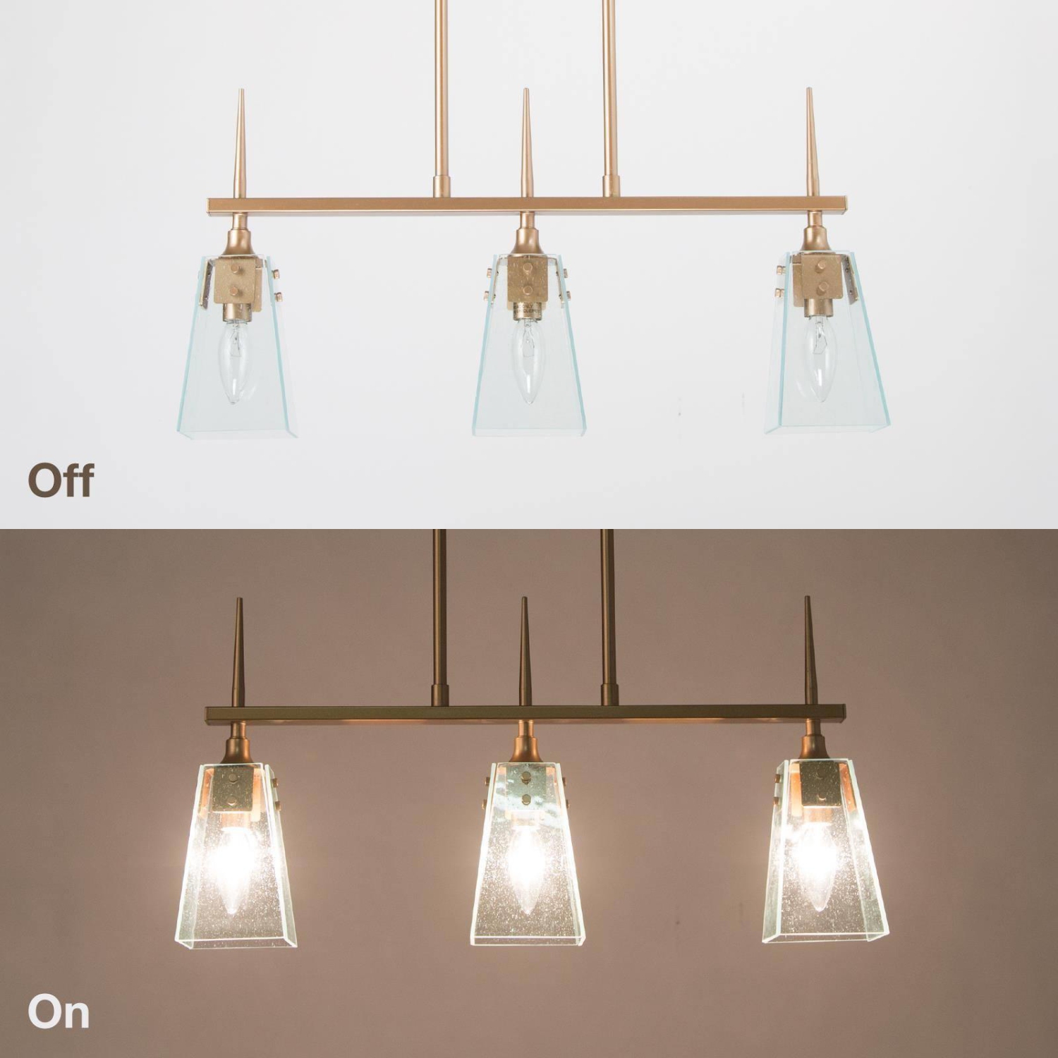 Modern Linear Chandelier 3-Light Gold Island Chandelier Hanging Light with Seedy Glass Plates