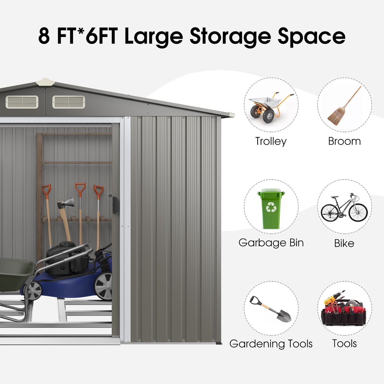Costway 8'x6' Outdoor Storage Shed Galvanized Steel Tool House Organizer for Garden Yard