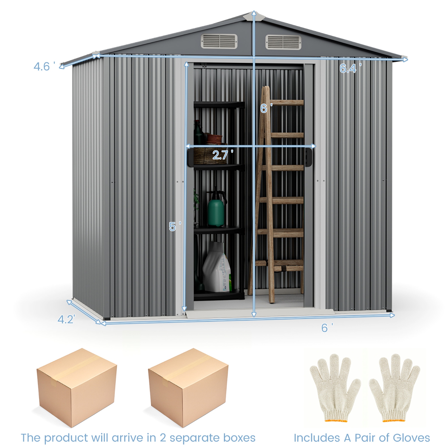 Costway 6 x 4 FT Outdoor Storage Shed Galvanized Steel Shed with Lockable Sliding Doors