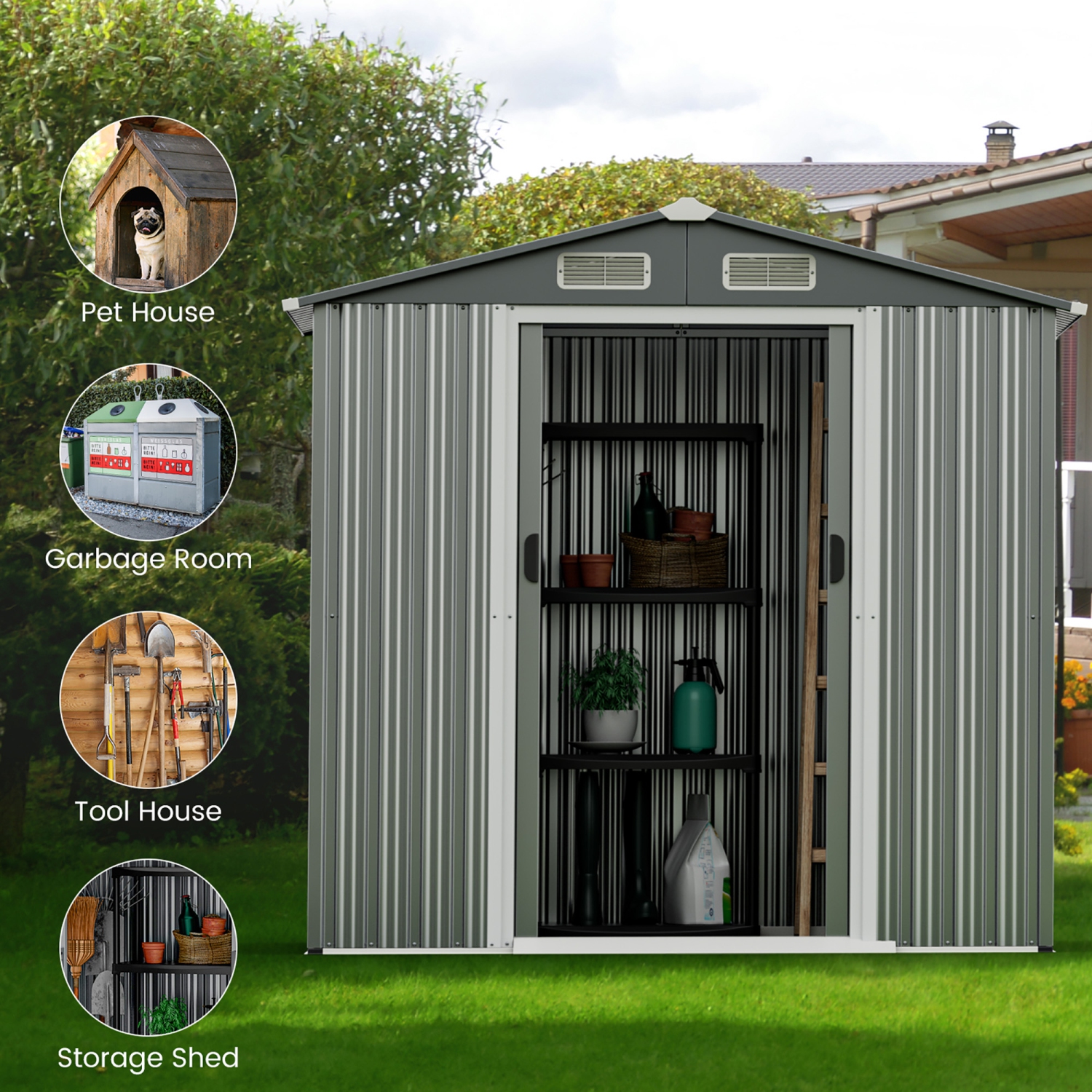 Costway 6 x 4 FT Outdoor Storage Shed Galvanized Steel Shed with Lockable Sliding Doors
