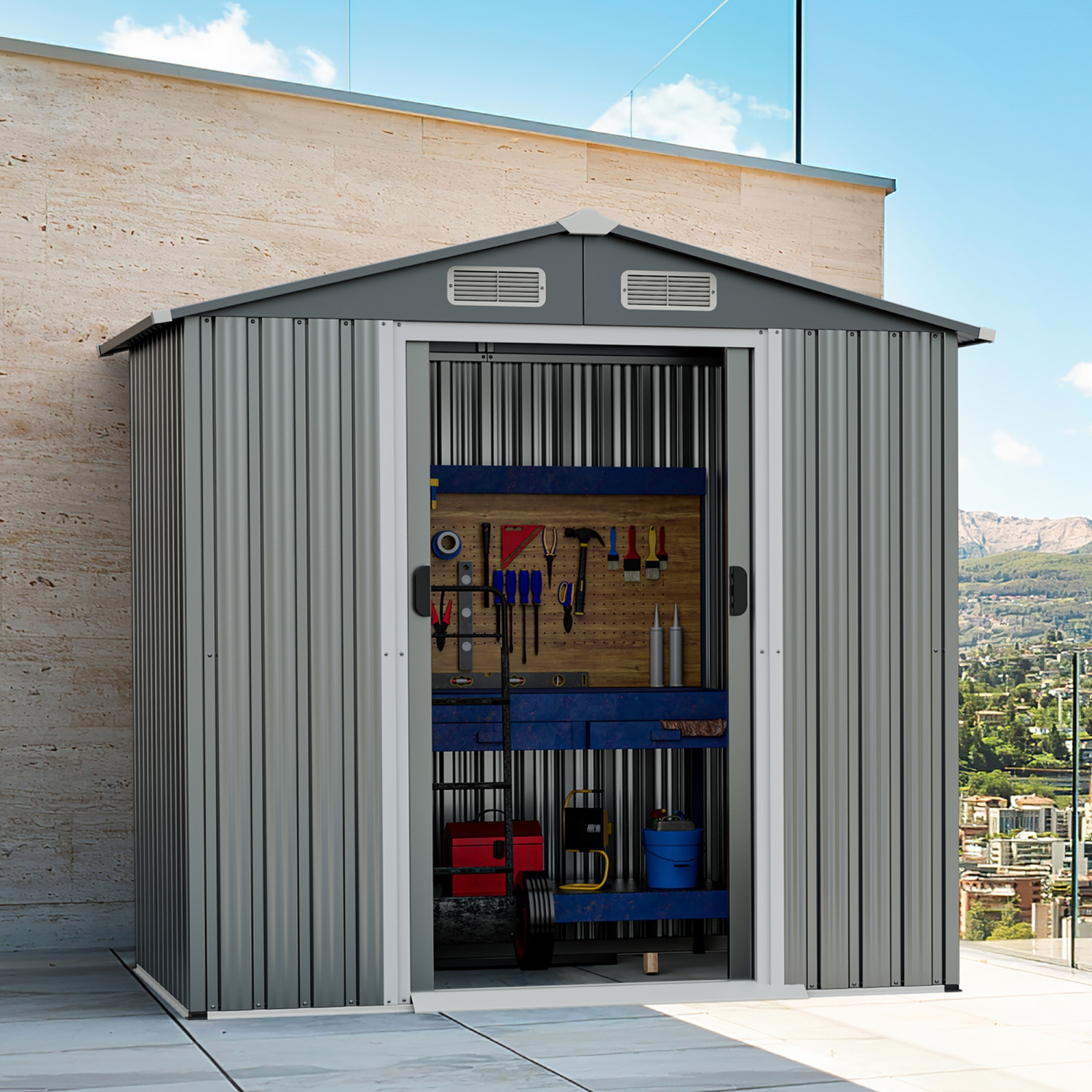 Costway 6 x 4 FT Outdoor Storage Shed Galvanized Steel Shed with Lockable Sliding Doors