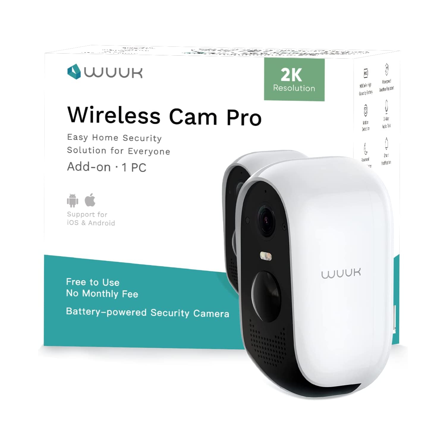 WUUK Add-on Outdoor Security Camera(WUUK Base Station Required), 2K Wireless Camera, No Subscription, Human and Motion Detection, Compatible with