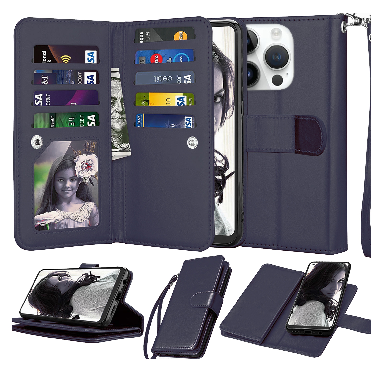 XCRS Apple iPhone 14 pro Wallet Pouch Case, detachable magnet phone cover, Store 9 cards, PU Leather Flip Cover with Kickstand Magnetic Closure Folio