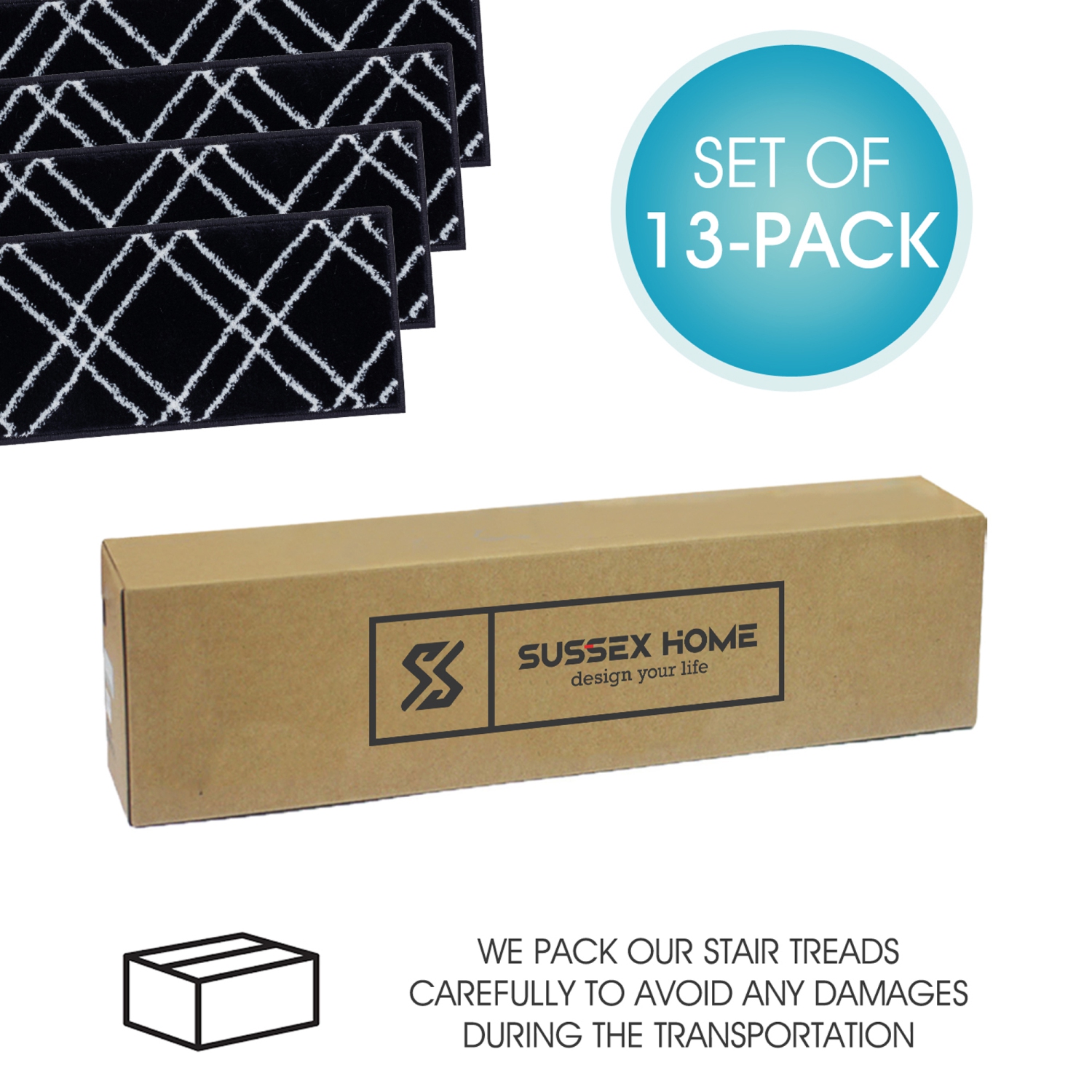 SussexHome Stair Treads - Carpet Strips for Indoor Stairs - Easy to Install with Double Adhesive Tape - Safe, 9" X 28" - 13-Pack - Navy