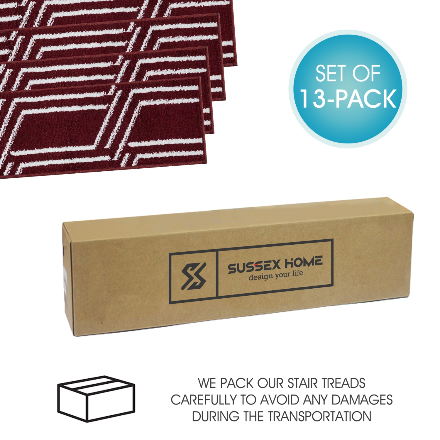 SussexHome Stair Treads - Carpet Strips for Indoor Stairs - Easy to Install with Double Adhesive Tape - Safe, 9" X 28" - 13-Pack - Red