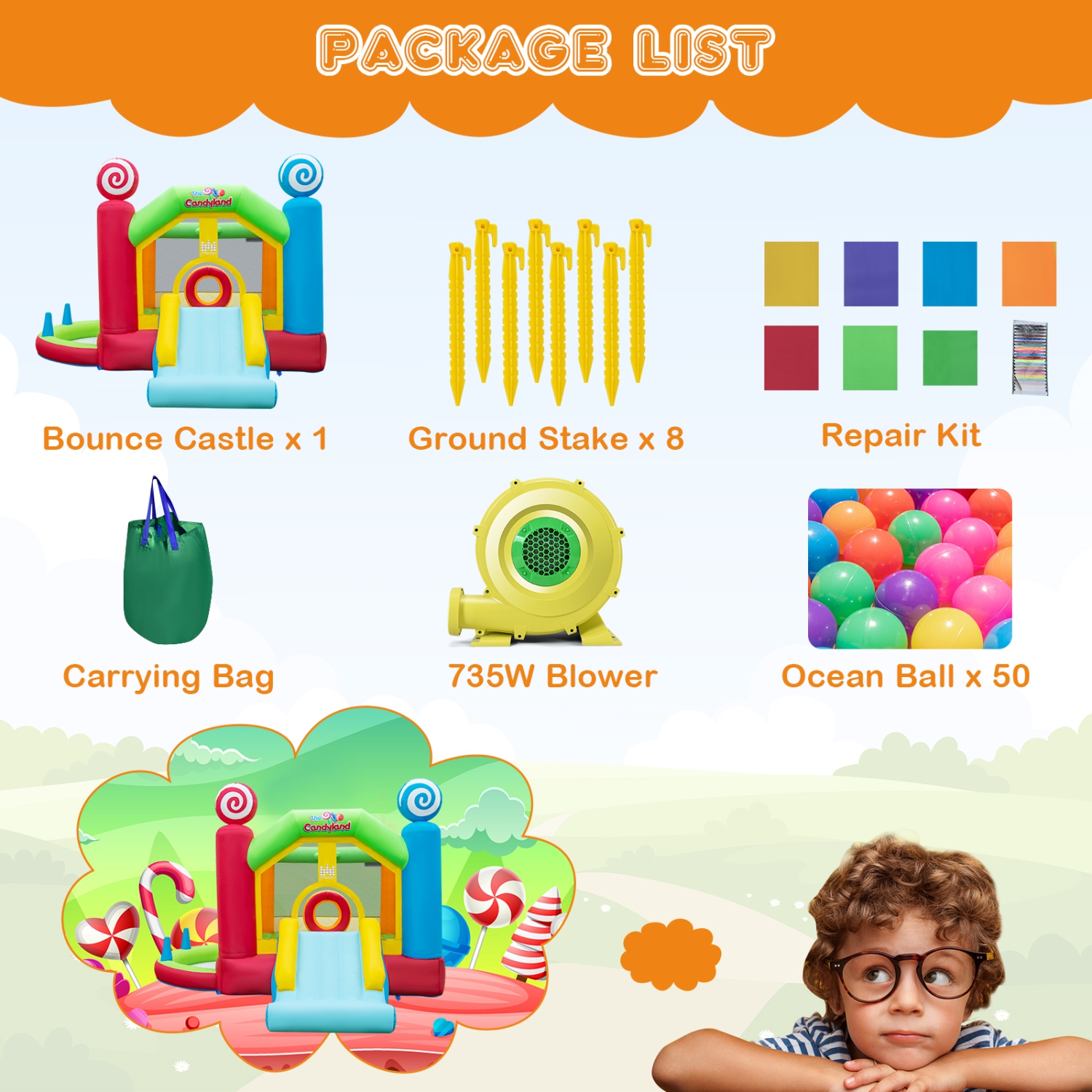 Topbuy Inflatable Bounce Castle Giant Candy Land Jumping House with Slide Ball Pit Basketball Hoop & 50 Ocean Balls