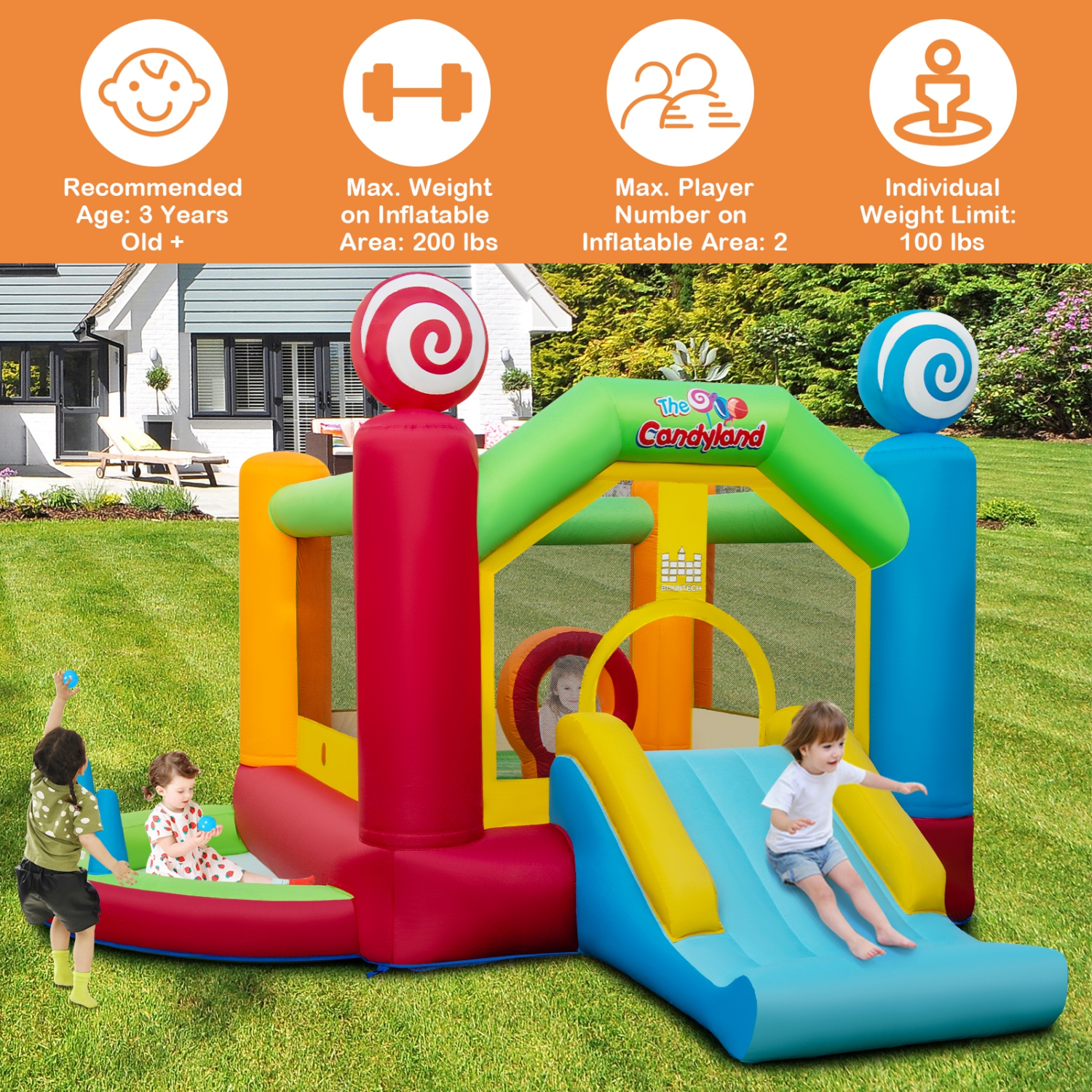 Topbuy Inflatable Bounce Castle Giant Candy Land Jumping House with Slide Ball Pit Basketball Hoop & 50 Ocean Balls