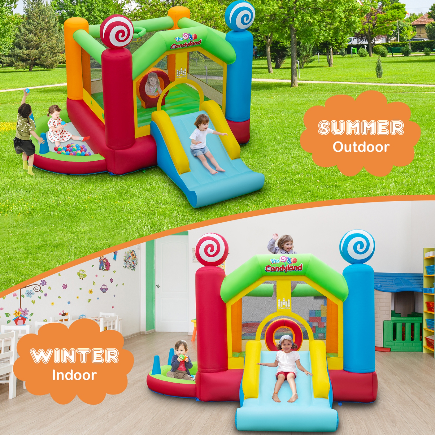 Topbuy Inflatable Bounce Castle Giant Candy Land Jumping House with Slide Ball Pit Basketball Hoop & 50 Ocean Balls