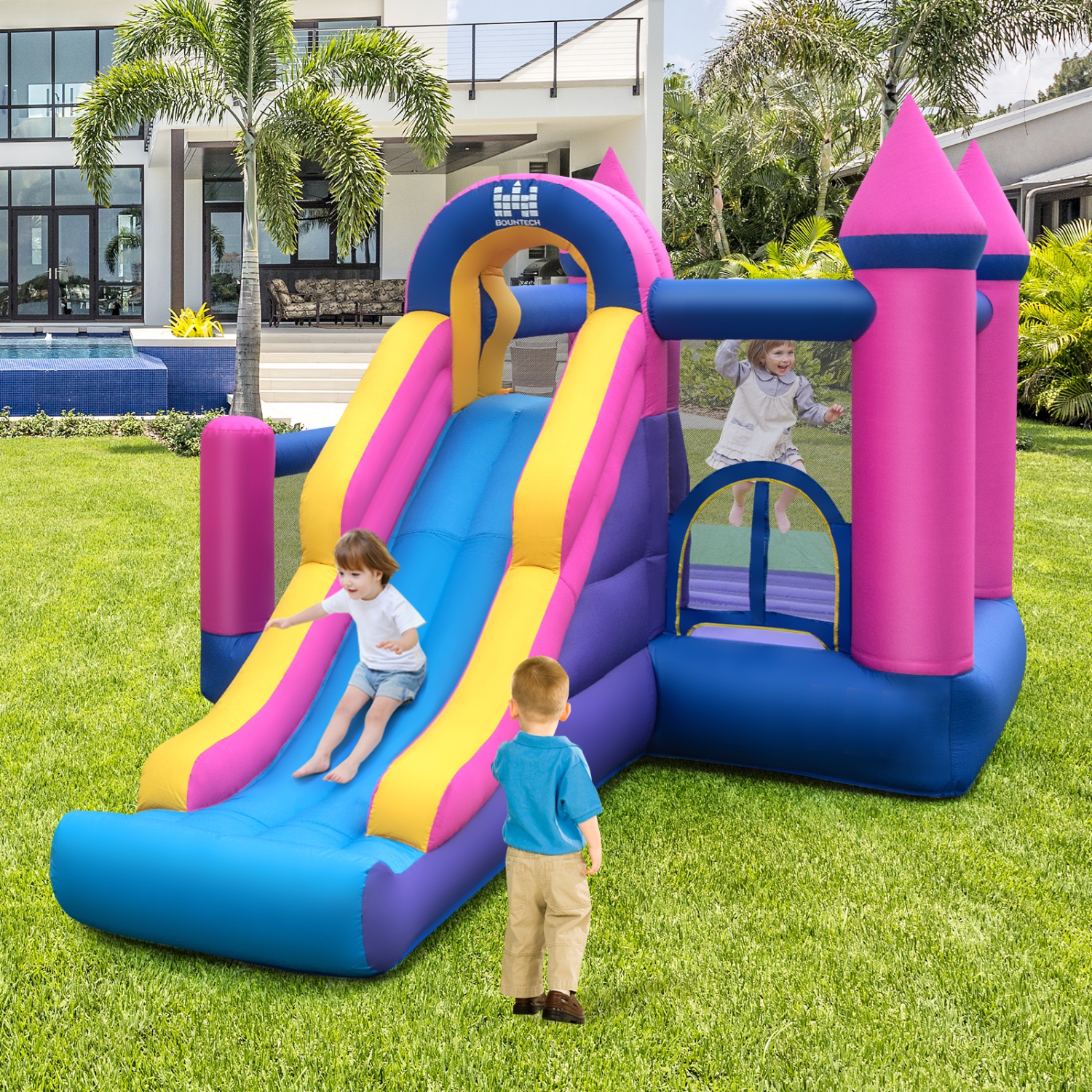 Topbuy Inflatable Bounce Castle 7-in-1 Jumping House with Long Slide Ball Pit Climbing Wall Basketball Hoop Ring-toss Game Pitching Game