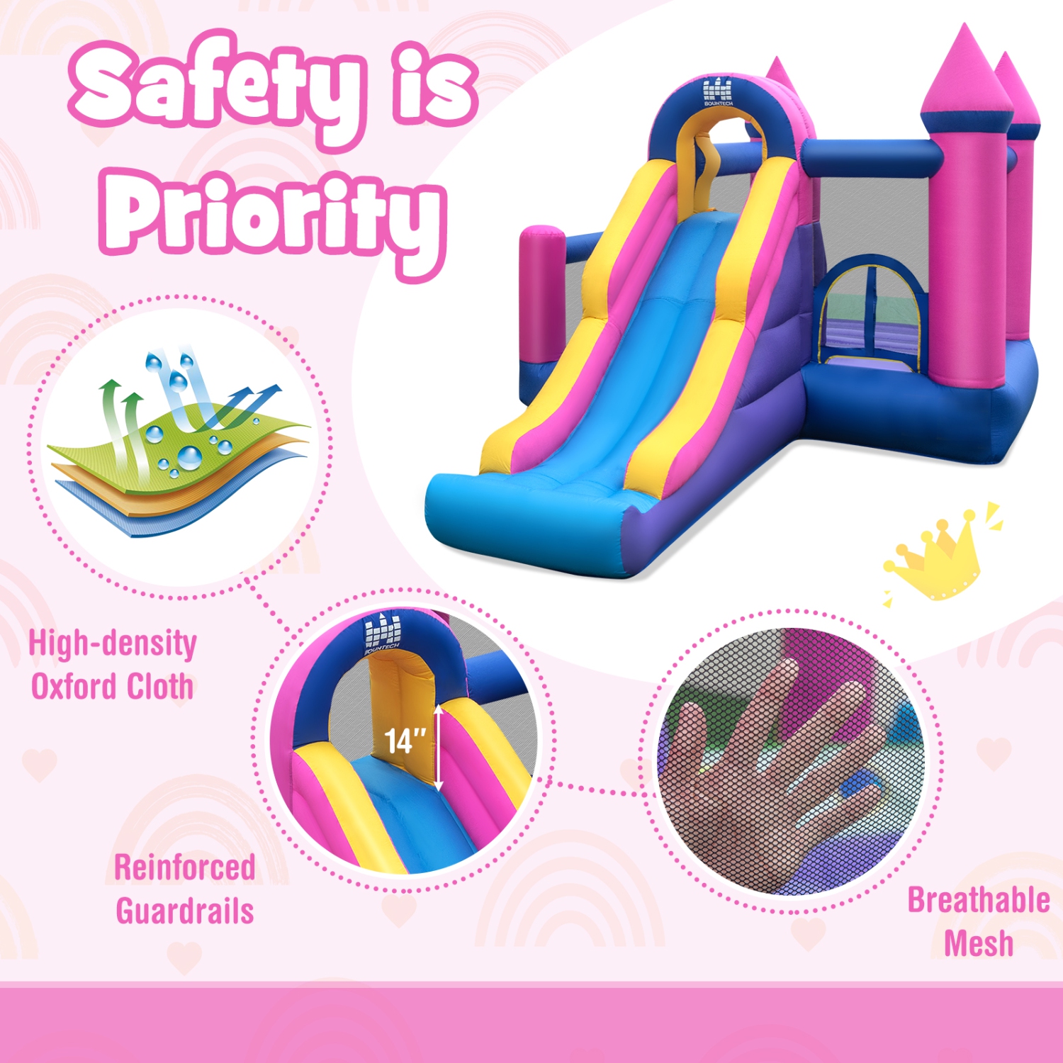 Topbuy Inflatable Bounce Castle 7-in-1 Jumping House with Long Slide Ball Pit Climbing Wall Basketball Hoop Ring-toss Game Pitching Game