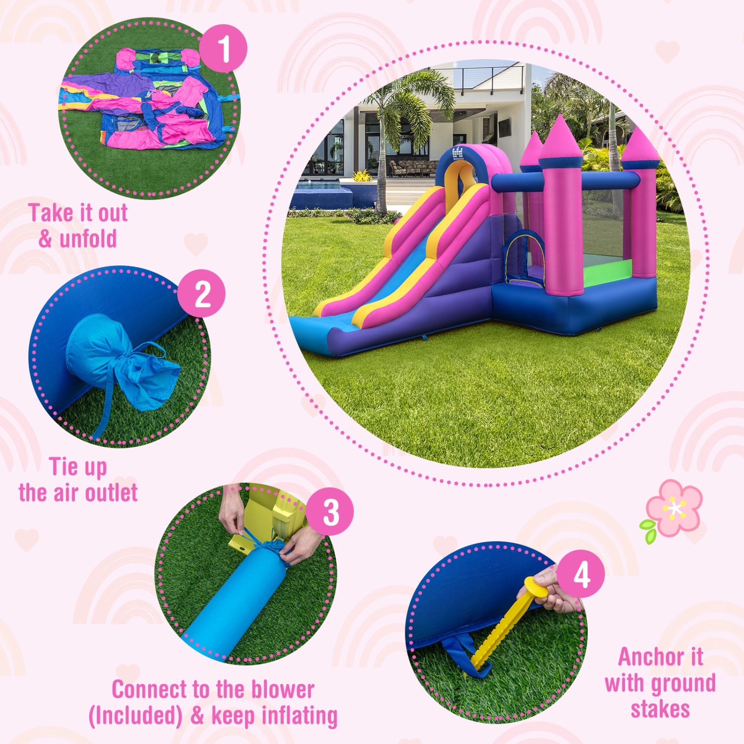 Topbuy Inflatable Bounce Castle 7-in-1 Jumping House with Long Slide Ball Pit Climbing Wall Basketball Hoop Ring-toss Game Pitching Game