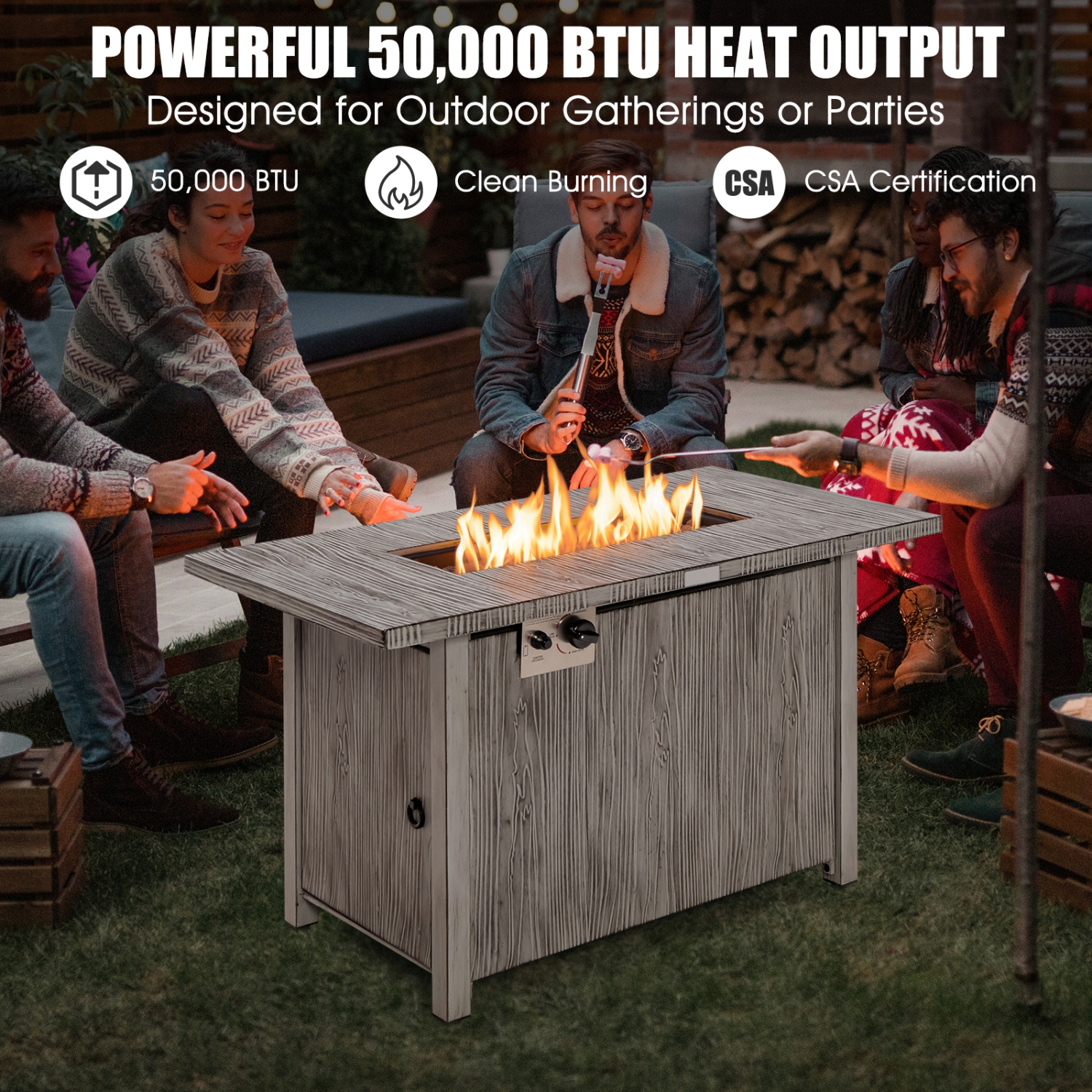 Patiojoy 43" Propane Fire Pit Table 50,000 BTU Outdoor Propane Gas Fire Table w/ Wood Grain Tabletop Hideaway Tank Storage
