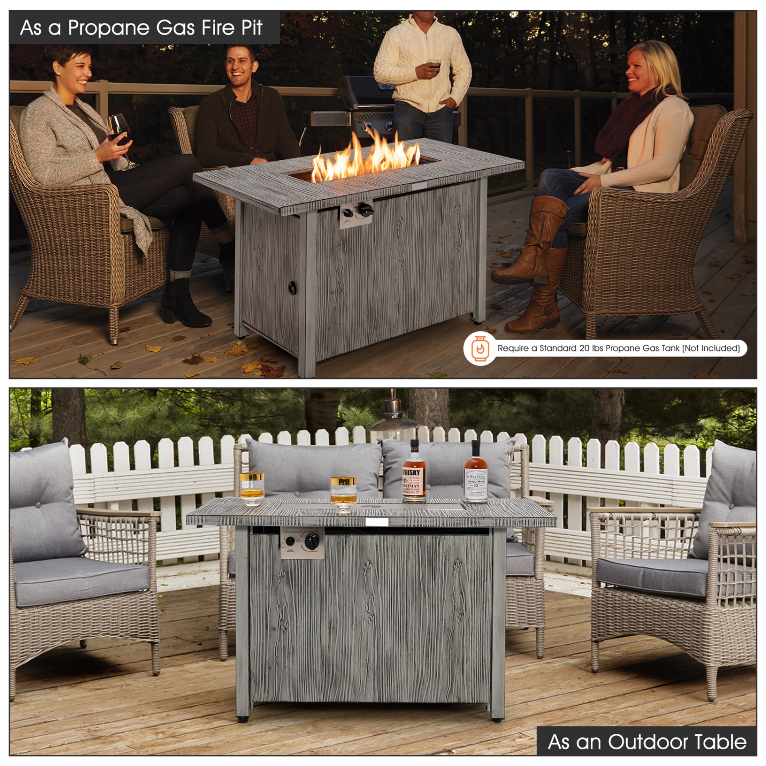 Patiojoy 43" Propane Fire Pit Table 50,000 BTU Outdoor Propane Gas Fire Table w/ Wood Grain Tabletop Hideaway Tank Storage