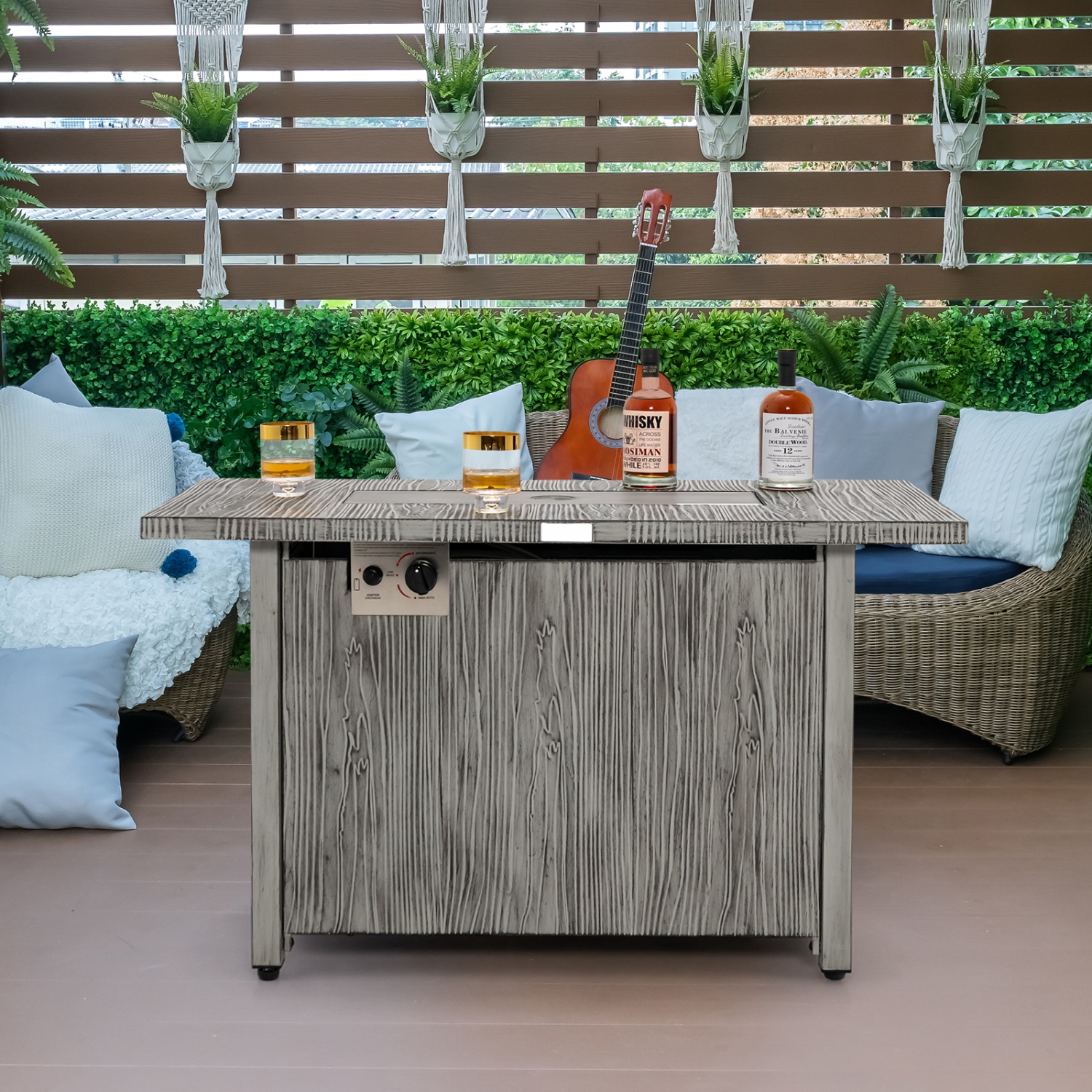 Patiojoy 43" Propane Fire Pit Table 50,000 BTU Outdoor Propane Gas Fire Table w/ Wood Grain Tabletop Hideaway Tank Storage