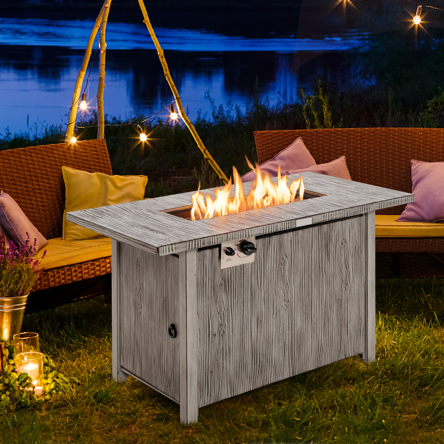 Patiojoy 43" Propane Fire Pit Table 50,000 BTU Outdoor Propane Gas Fire Table w/ Wood Grain Tabletop Hideaway Tank Storage