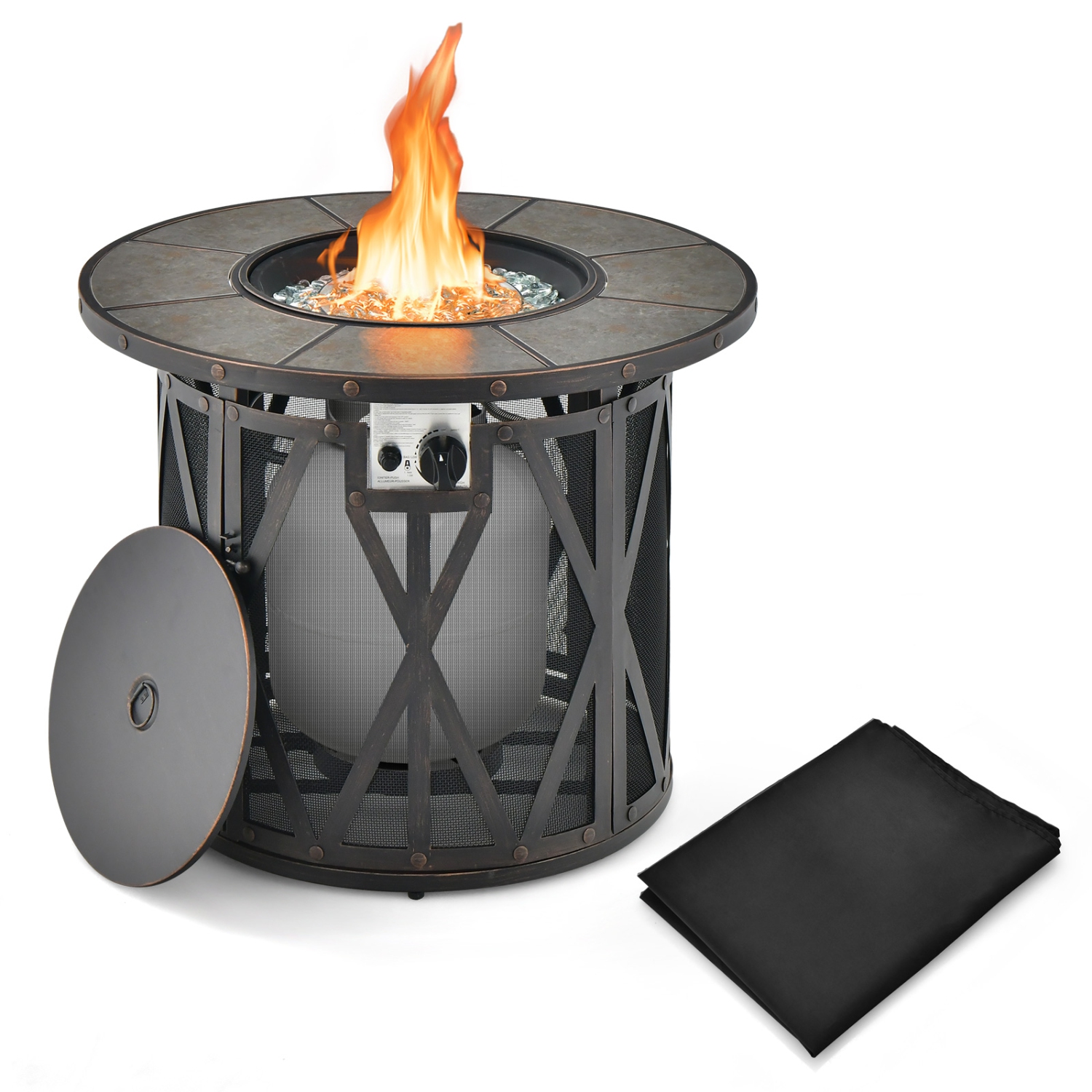 Topbuy 32 Inch Outdoor Fire Pit Table 30,000 BTU Round Metal Fire Table with Lid & PVC Cover & Glass Stones CSA Approved