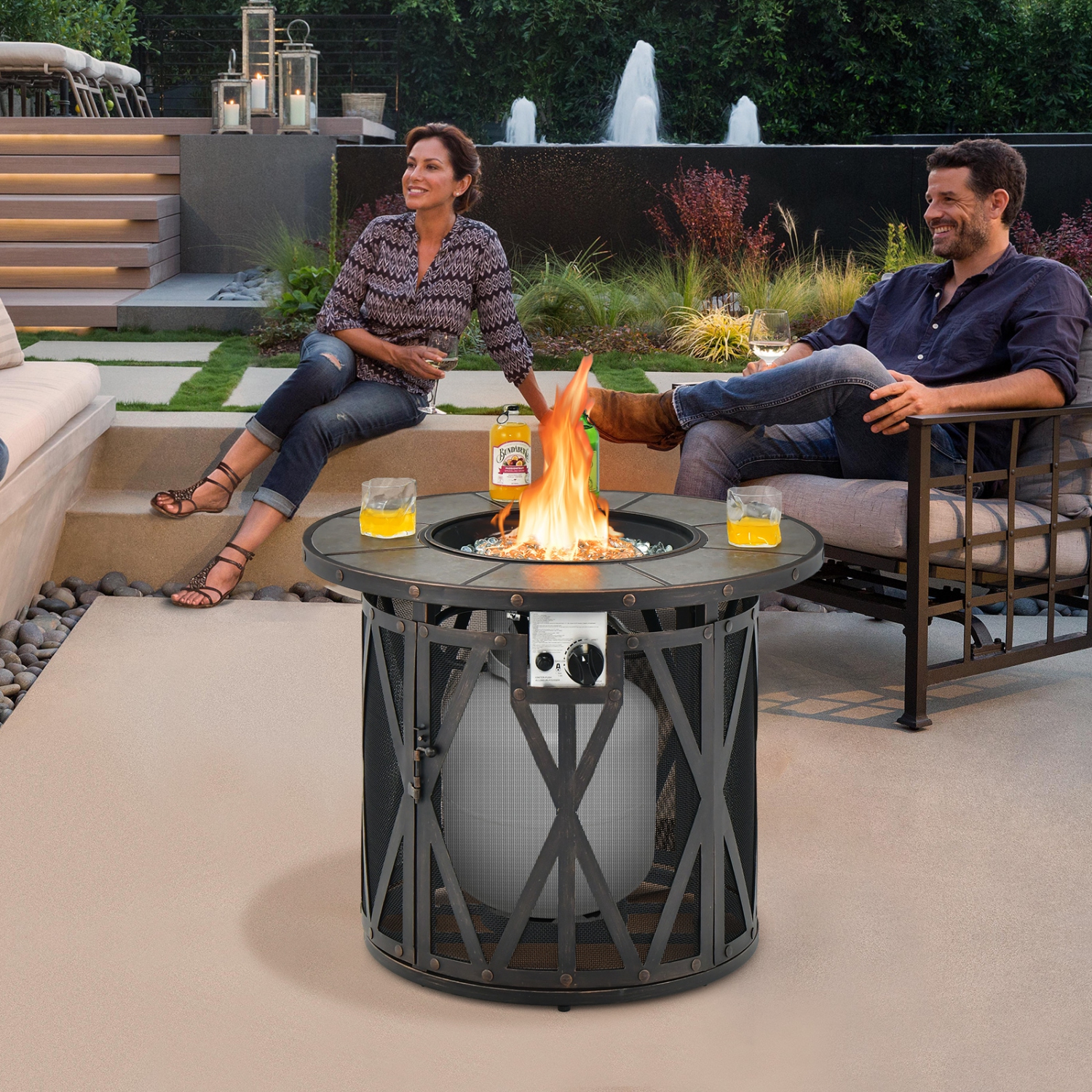 Topbuy 32 Inch Outdoor Fire Pit Table 30,000 BTU Round Metal Fire Table with Lid & PVC Cover & Glass Stones CSA Approved