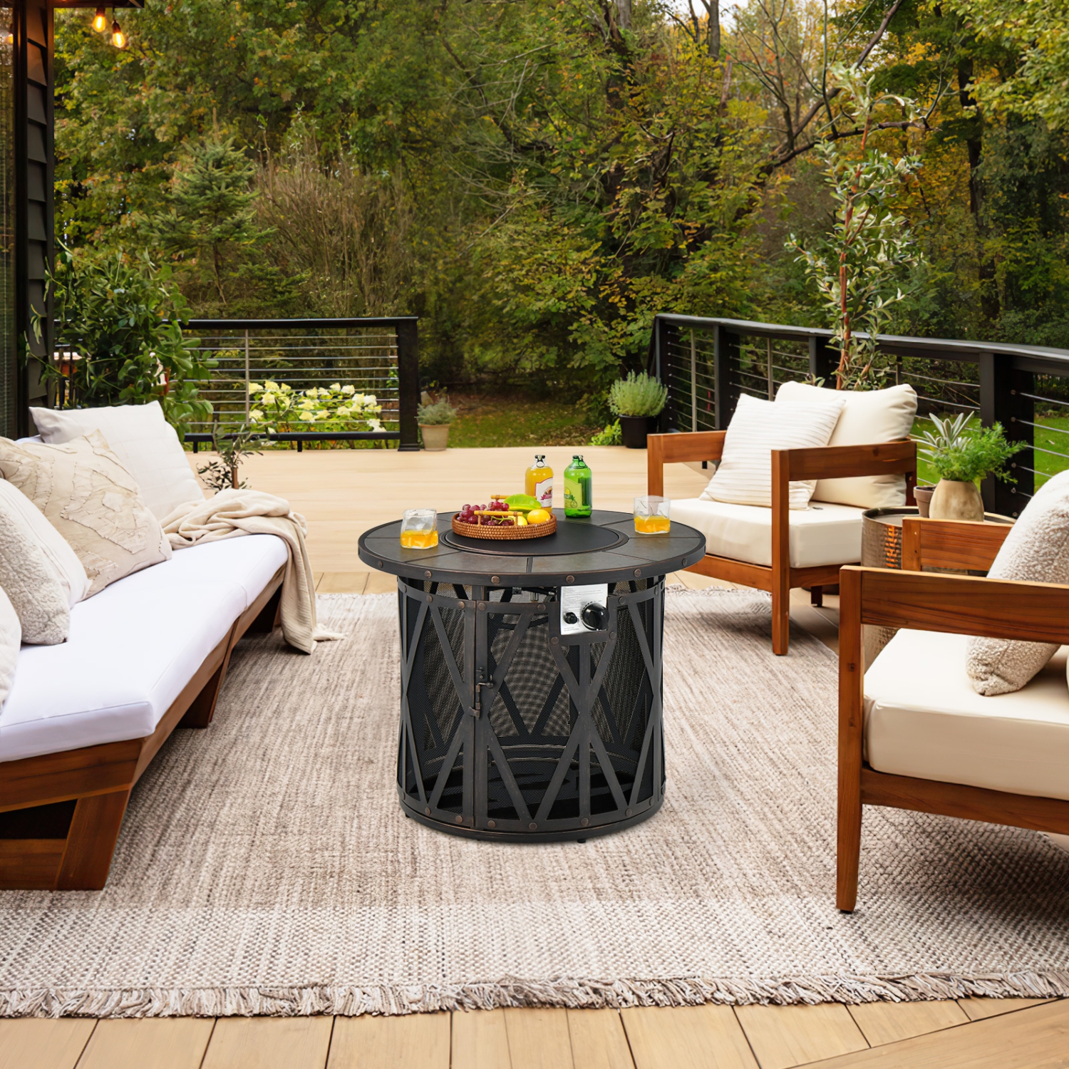 Topbuy 32 Inch Outdoor Fire Pit Table 30,000 BTU Round Metal Fire Table with Lid & PVC Cover & Glass Stones CSA Approved