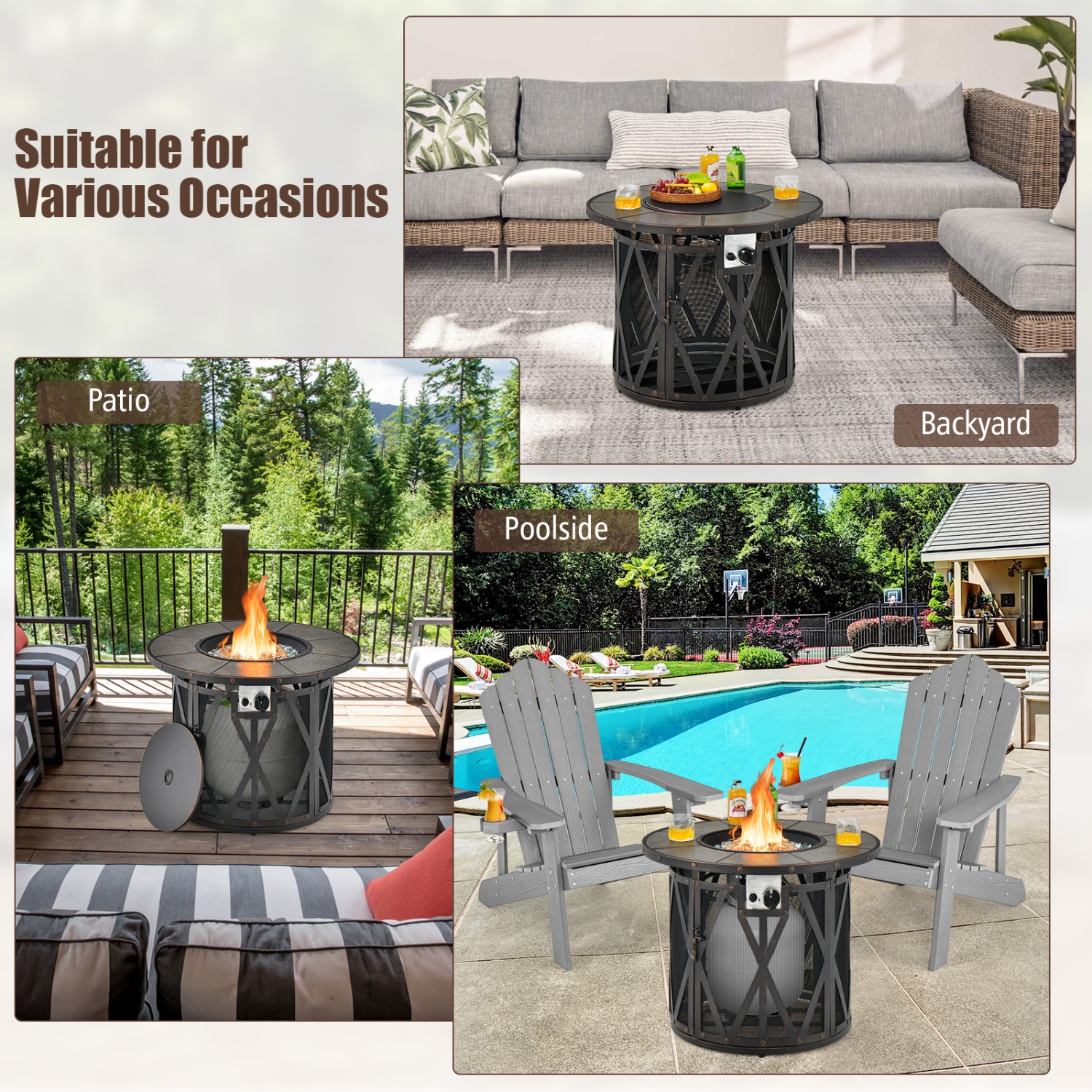 Topbuy 32 Inch Outdoor Fire Pit Table 30,000 BTU Round Metal Fire Table with Lid & PVC Cover & Glass Stones CSA Approved