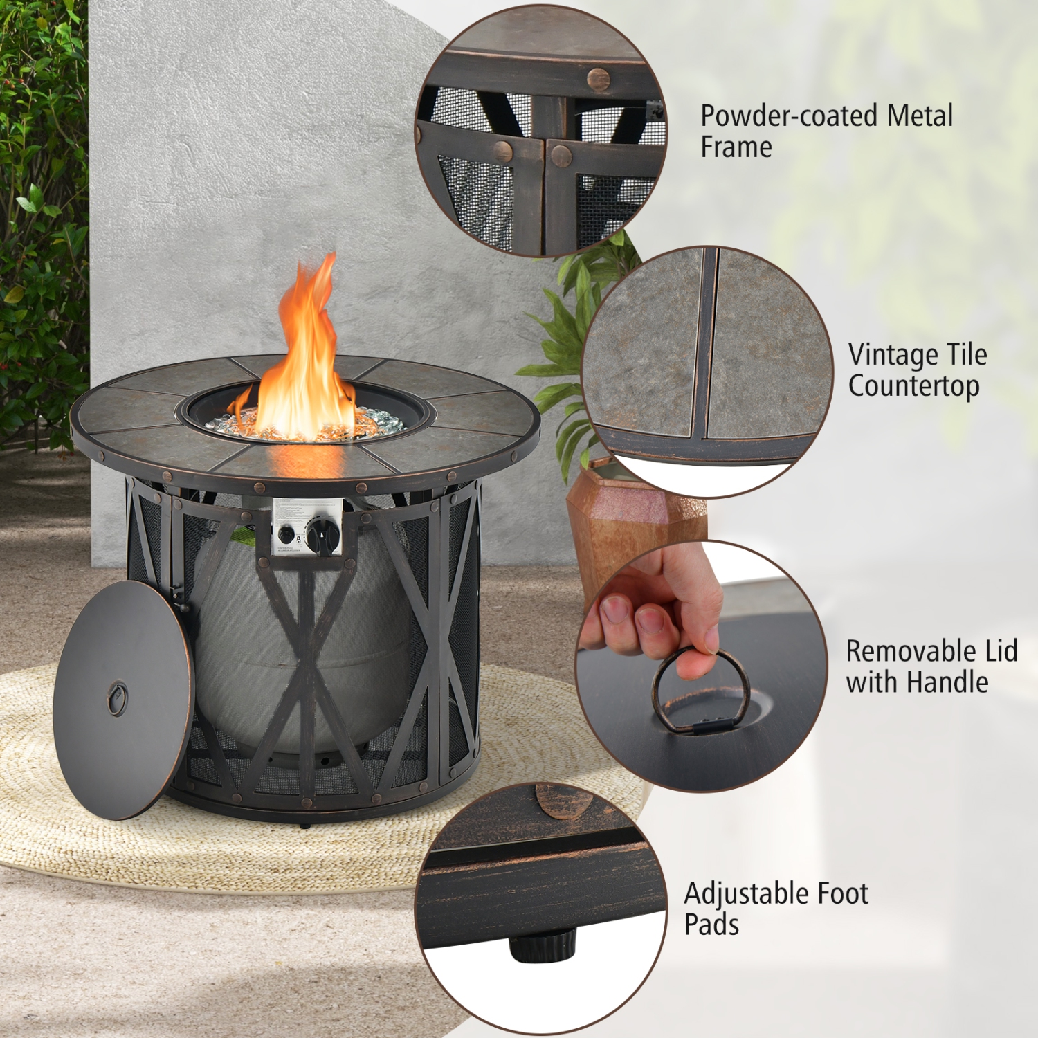 Topbuy 32 Inch Outdoor Fire Pit Table 30,000 BTU Round Metal Fire Table with Lid & PVC Cover & Glass Stones CSA Approved