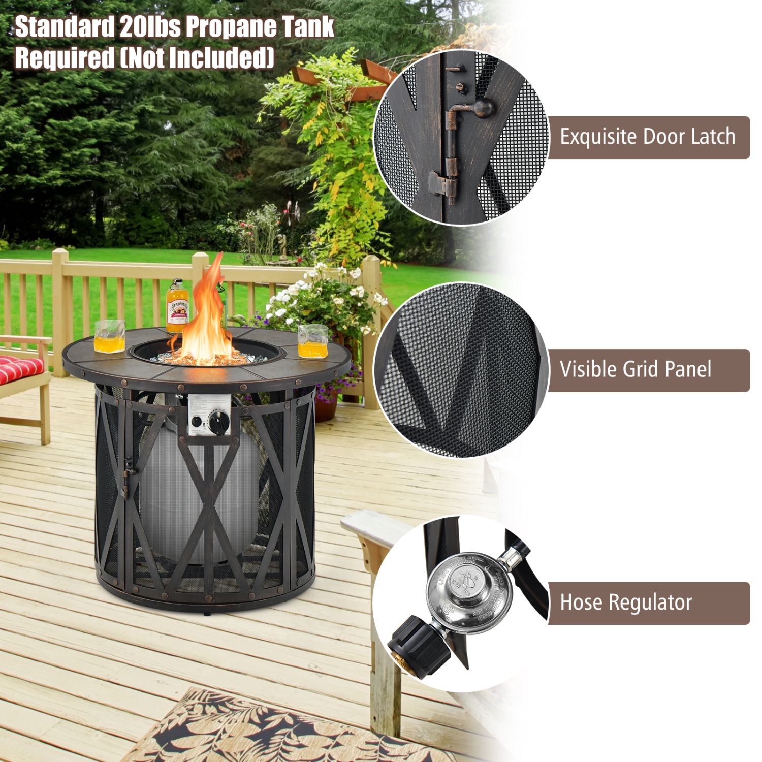 Topbuy 32 Inch Outdoor Fire Pit Table 30,000 BTU Round Metal Fire Table with Lid & PVC Cover & Glass Stones CSA Approved