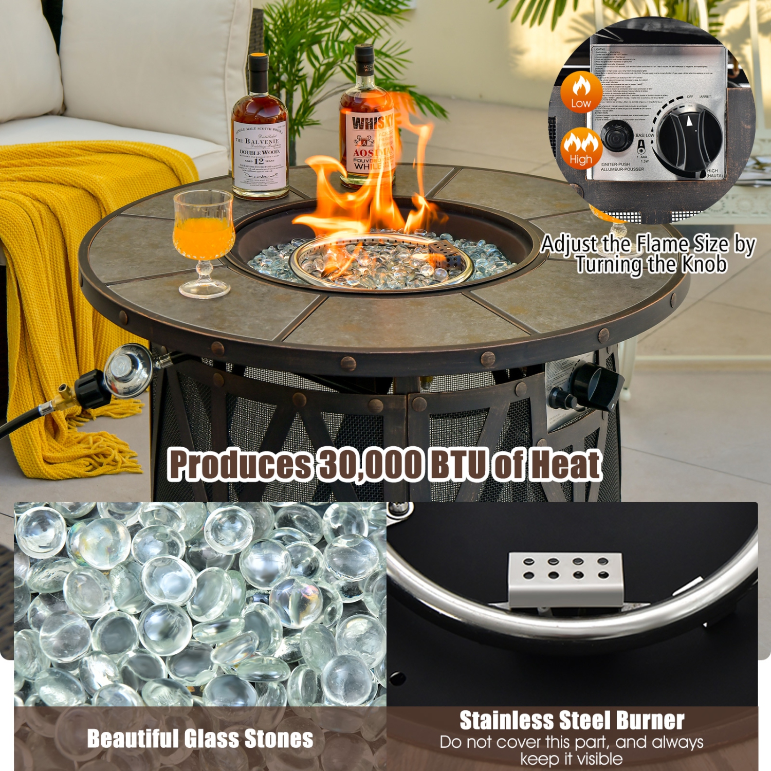 Topbuy 32 Inch Outdoor Fire Pit Table 30,000 BTU Round Metal Fire Table with Lid & PVC Cover & Glass Stones CSA Approved
