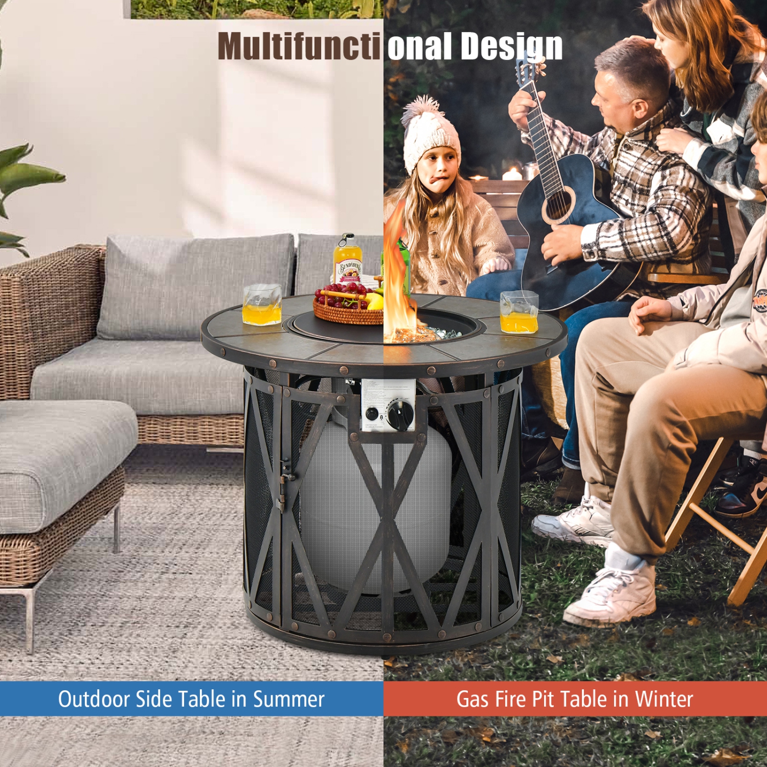 Topbuy 32 Inch Outdoor Fire Pit Table 30,000 BTU Round Metal Fire Table with Lid & PVC Cover & Glass Stones CSA Approved