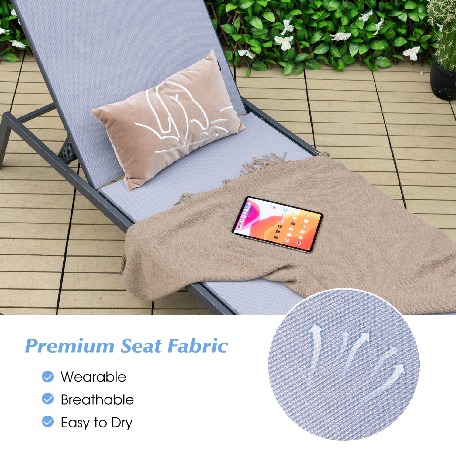 Topbuy 1PC/2PCS Patio Chaise Lounge Chair Outdoor Recliner w/ 6-Level Adjustable Backrest Breathable & Quick-Drying Fabric