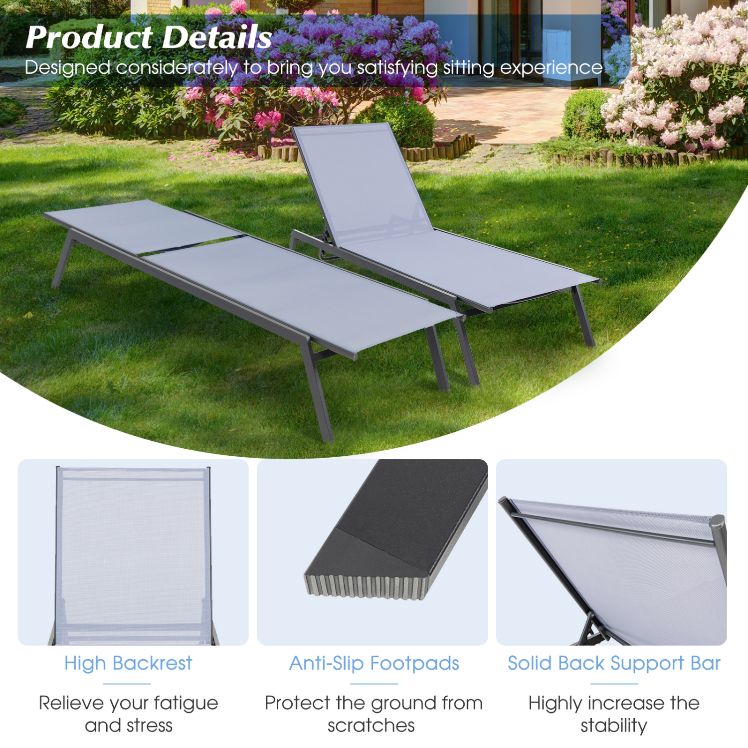 Topbuy 1PC/2PCS Patio Chaise Lounge Chair Outdoor Recliner w/ 6-Level Adjustable Backrest Breathable & Quick-Drying Fabric