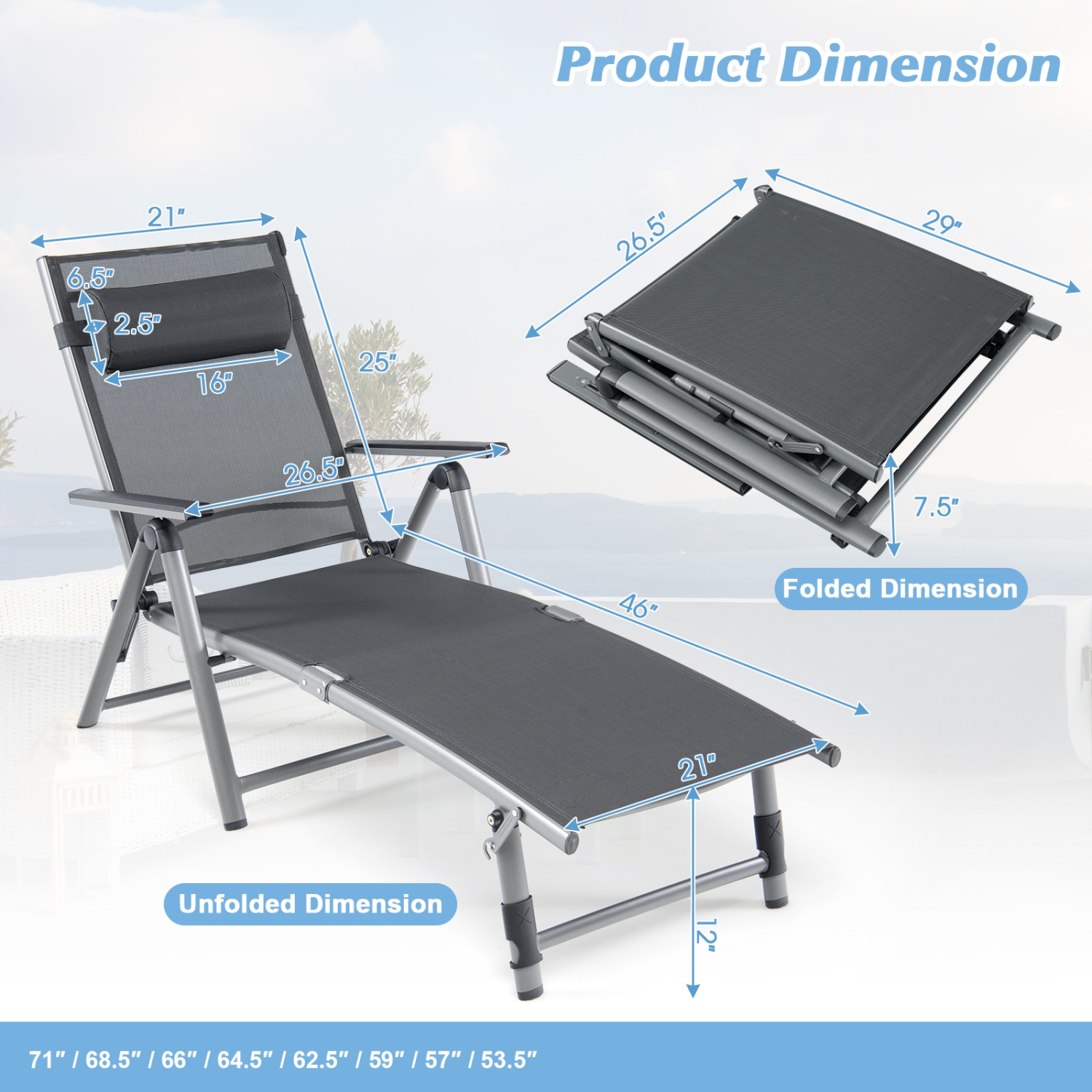 Patiojoy 1PC/2PCS Outdoor Chaise Lounge Chair, Folding Lounge Chair w/ 8-Level Adjustable Backrests Heavy-Duty Aluminum Frame Cozy Headrest Pillow