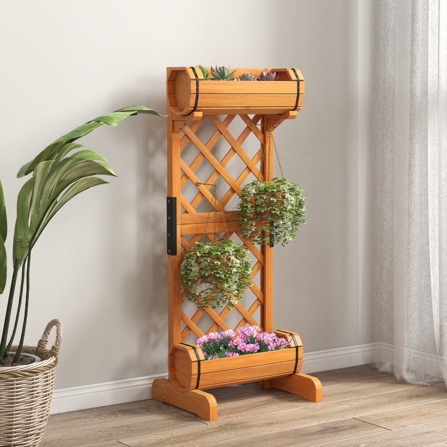 Topbuy 2-In-1 Raised Garden Bed with Trellis Removable Planter Boxes with Lattice Trellis 44.5" Vertical Wood Flower Bed