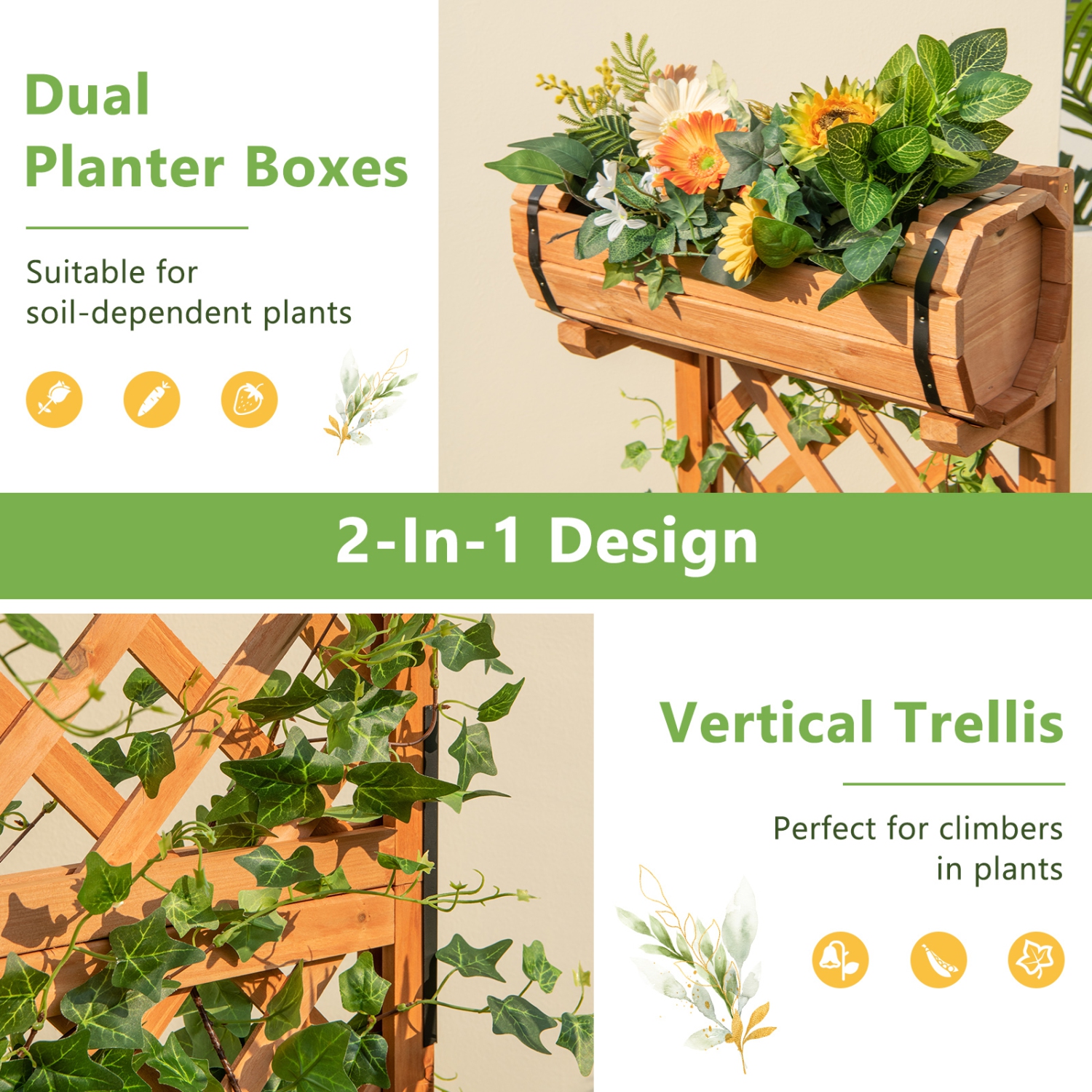 Topbuy 2-In-1 Raised Garden Bed with Trellis Removable Planter Boxes with Lattice Trellis 44.5" Vertical Wood Flower Bed