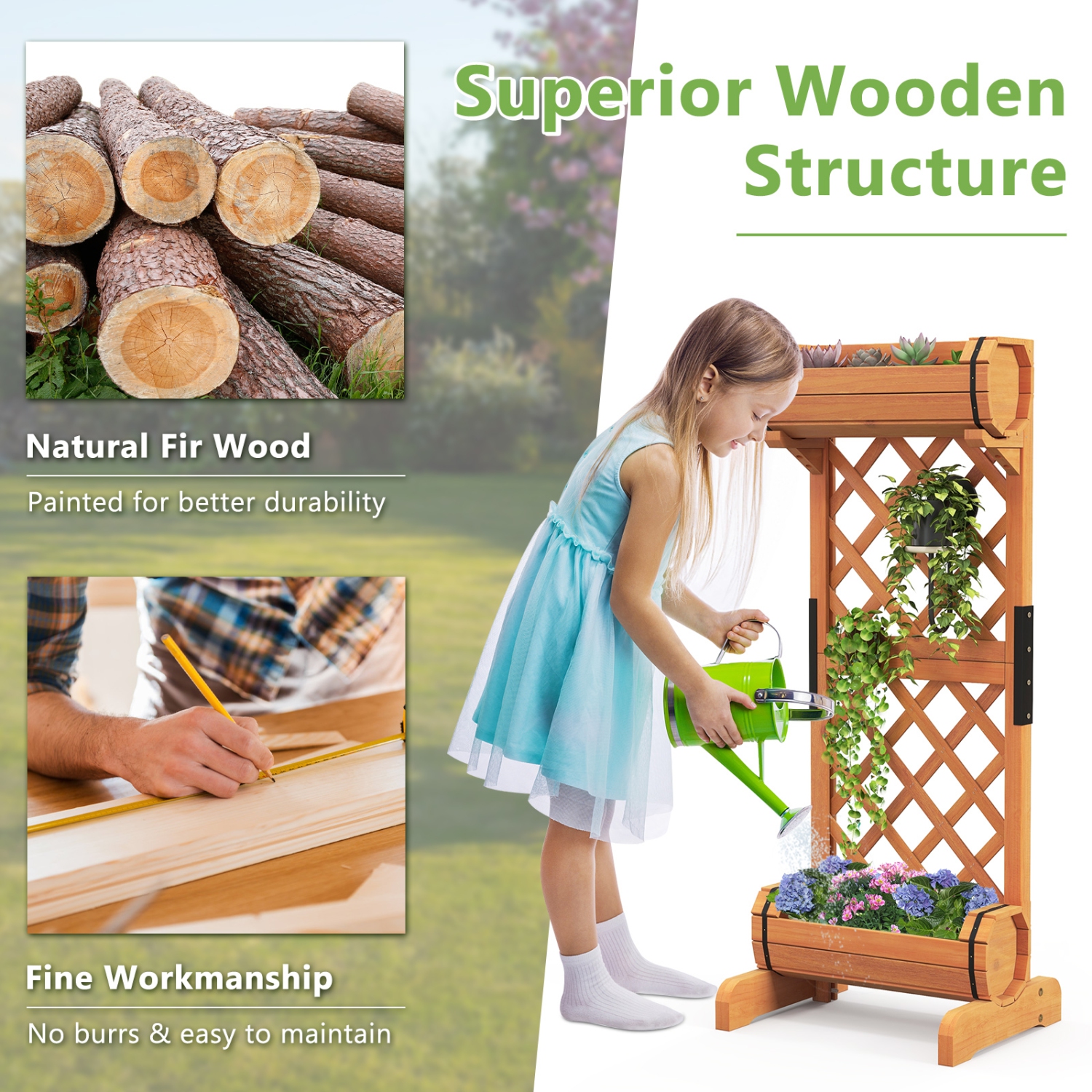 Topbuy 2-In-1 Raised Garden Bed with Trellis Removable Planter Boxes with Lattice Trellis 44.5" Vertical Wood Flower Bed