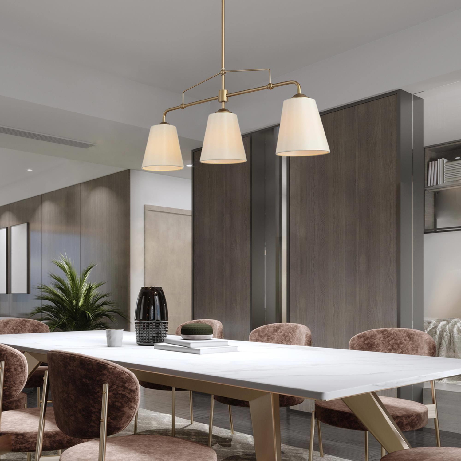 Farmhouse Gold Dining Room Chandelier, 32 in. 3-Light Modern Linear Island Chandelier with Fabric Shades